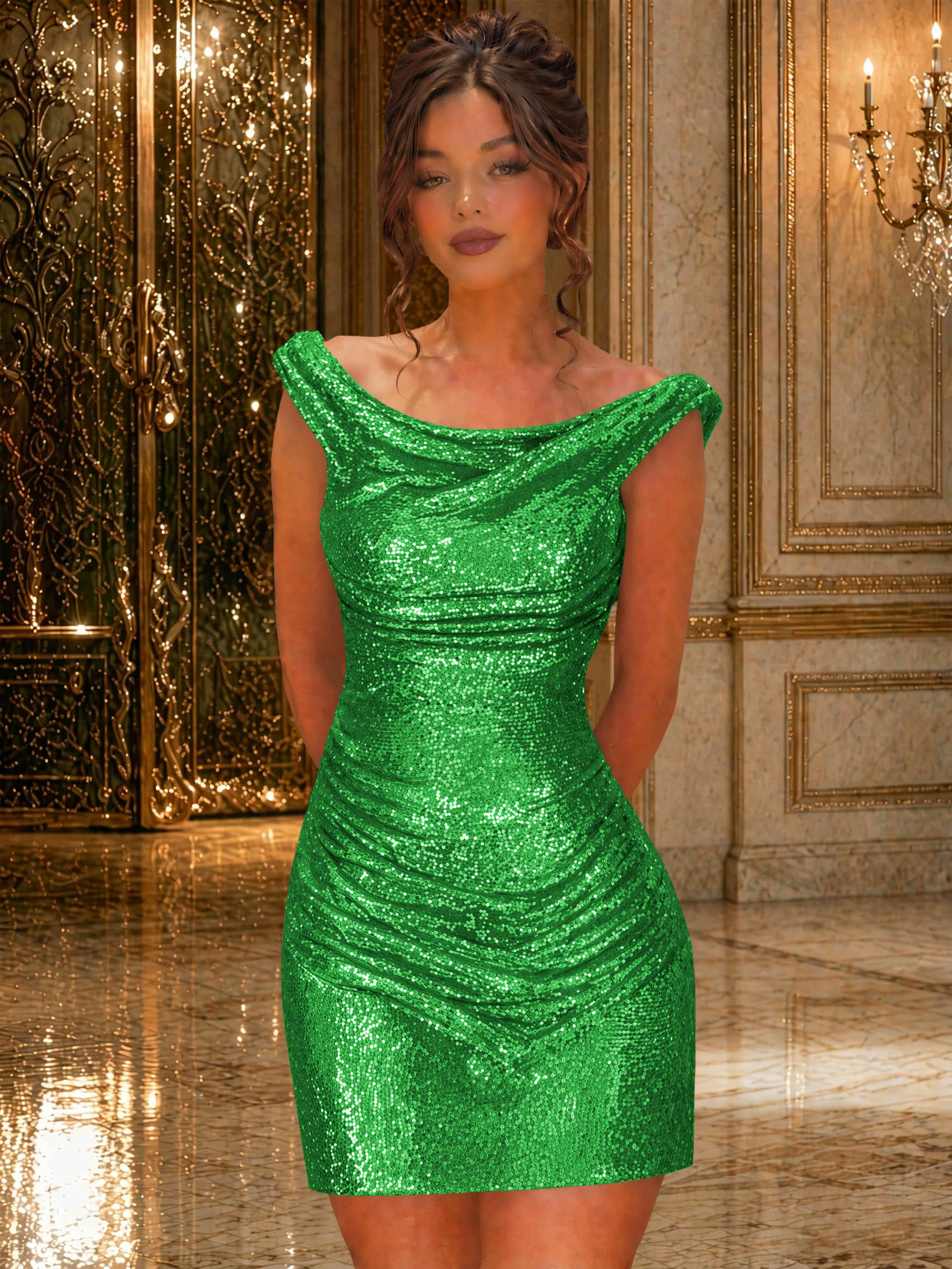 ROVDES Sparkly Off The Shoulder Ruched Sequin Tight Homecoming Mini Dress