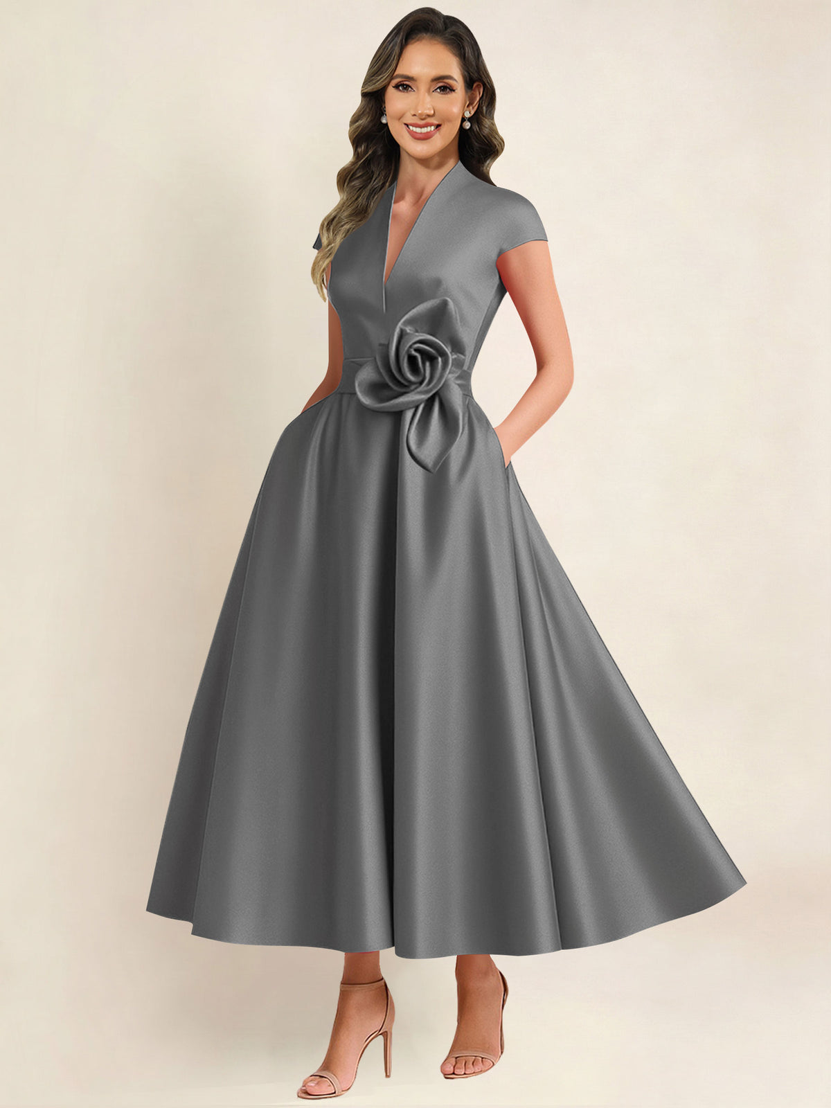 A Line V Neck 3D Flower Satin Mother of the Bride Dress