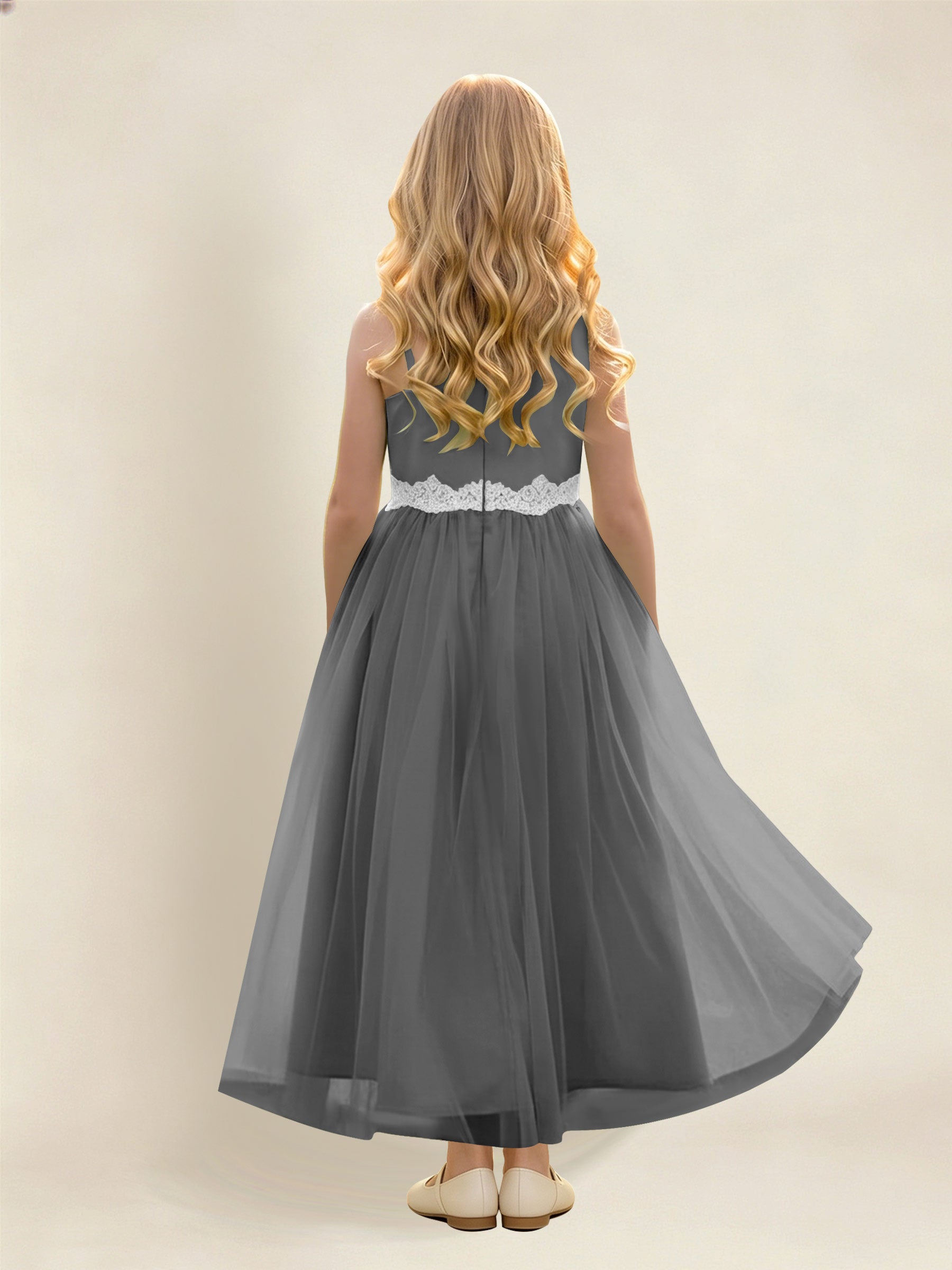 ROVDESY Asymmetric One Shoulder  Satin  Tulle Junior Bridesmaid Dress