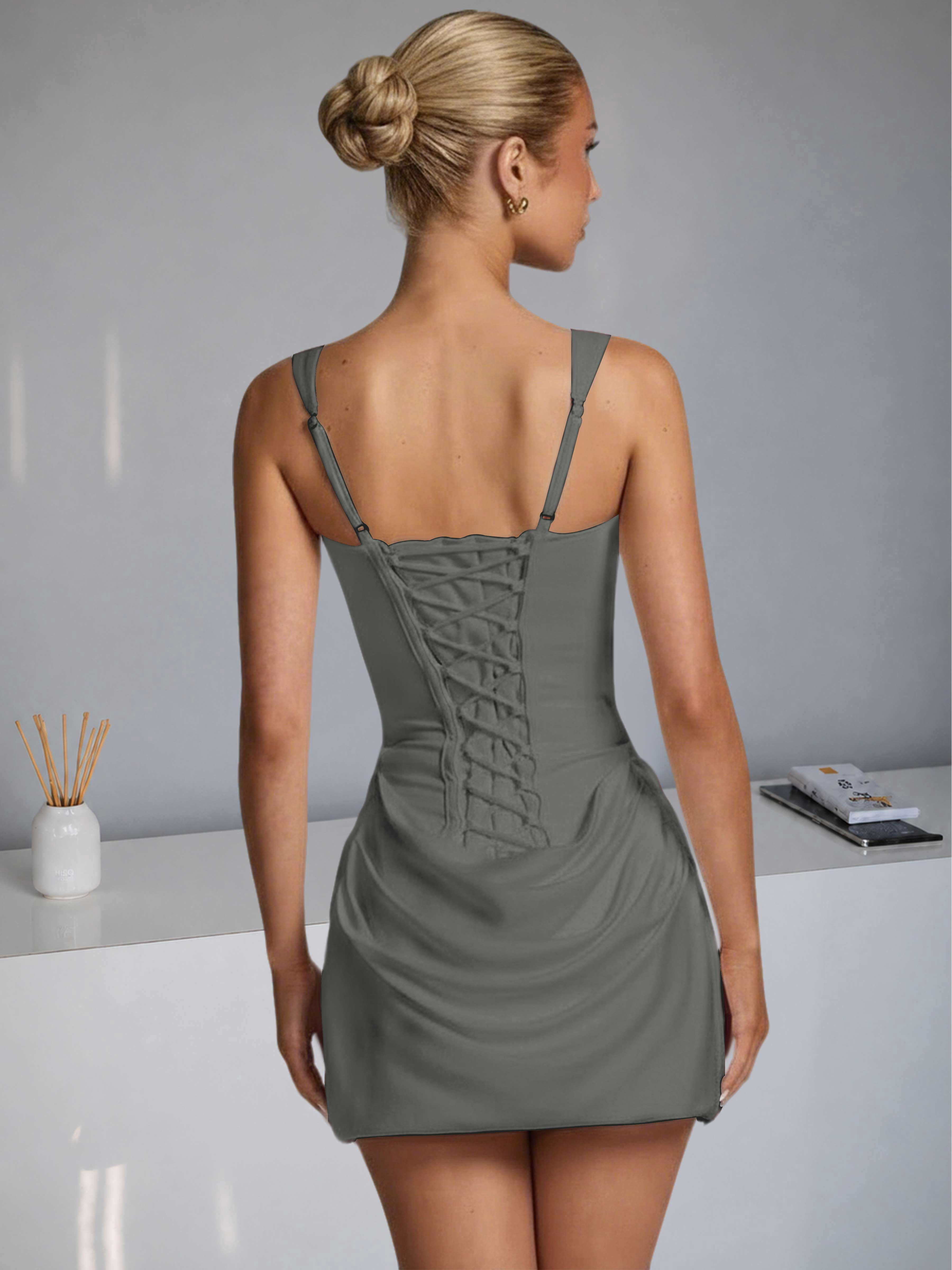 ROVDESY Square Neck Ruched Satin Homecoming Mini Dress