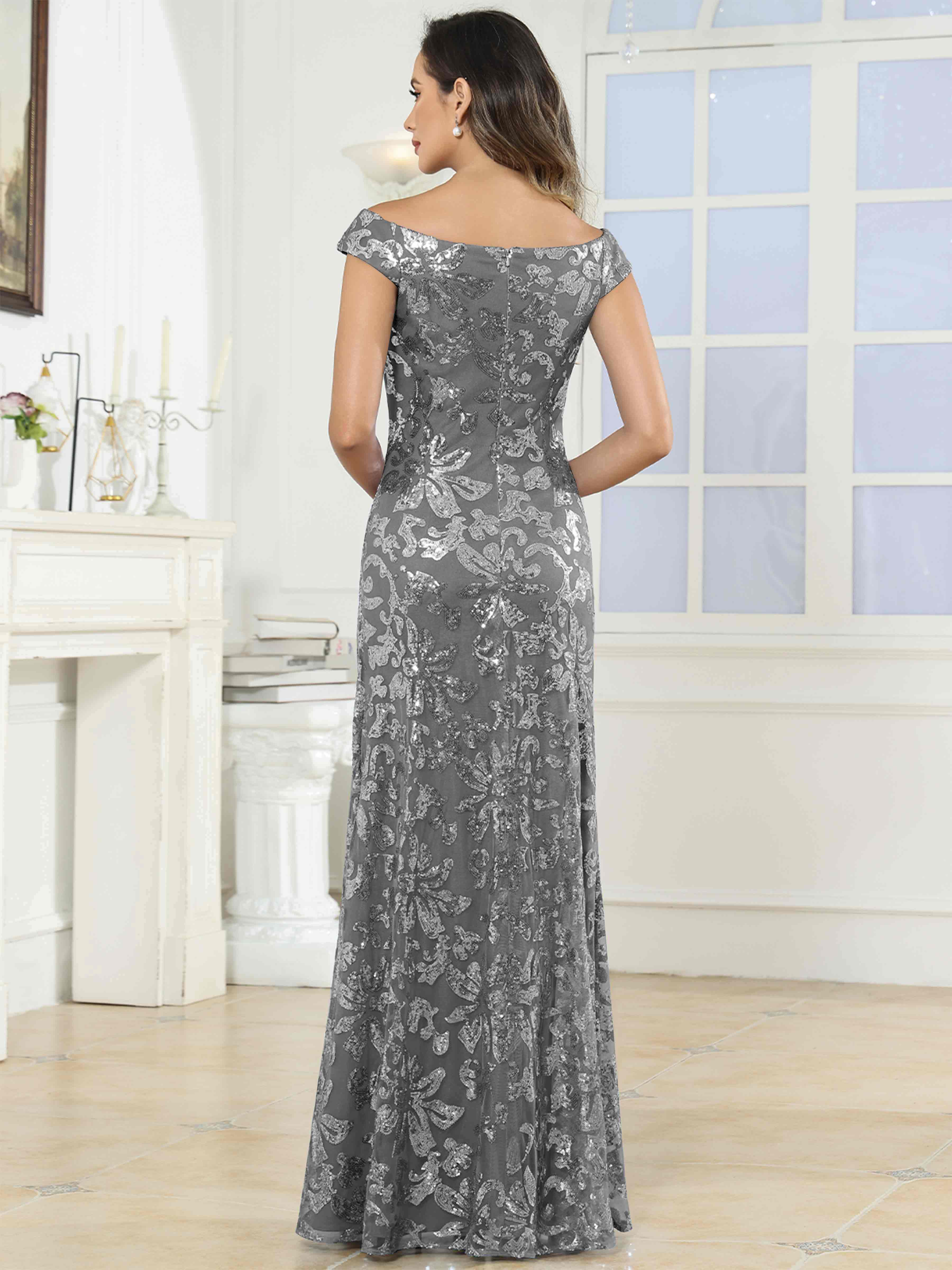 ROVDESY Off-The-Shoulder Mermaid Sequin Mother Of The Bride Dress Formal Gown