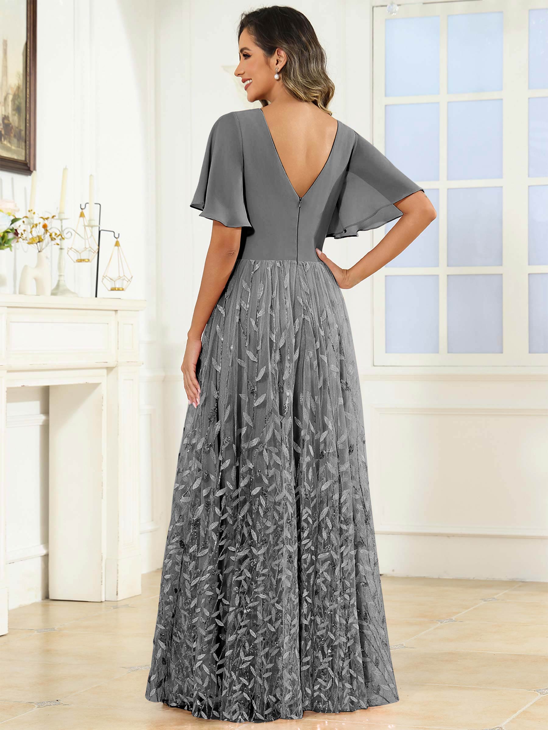 ROVDESY A-Line V-Neck Chiffon Sequin Mother Of The Bride Dress With Short Sleeves