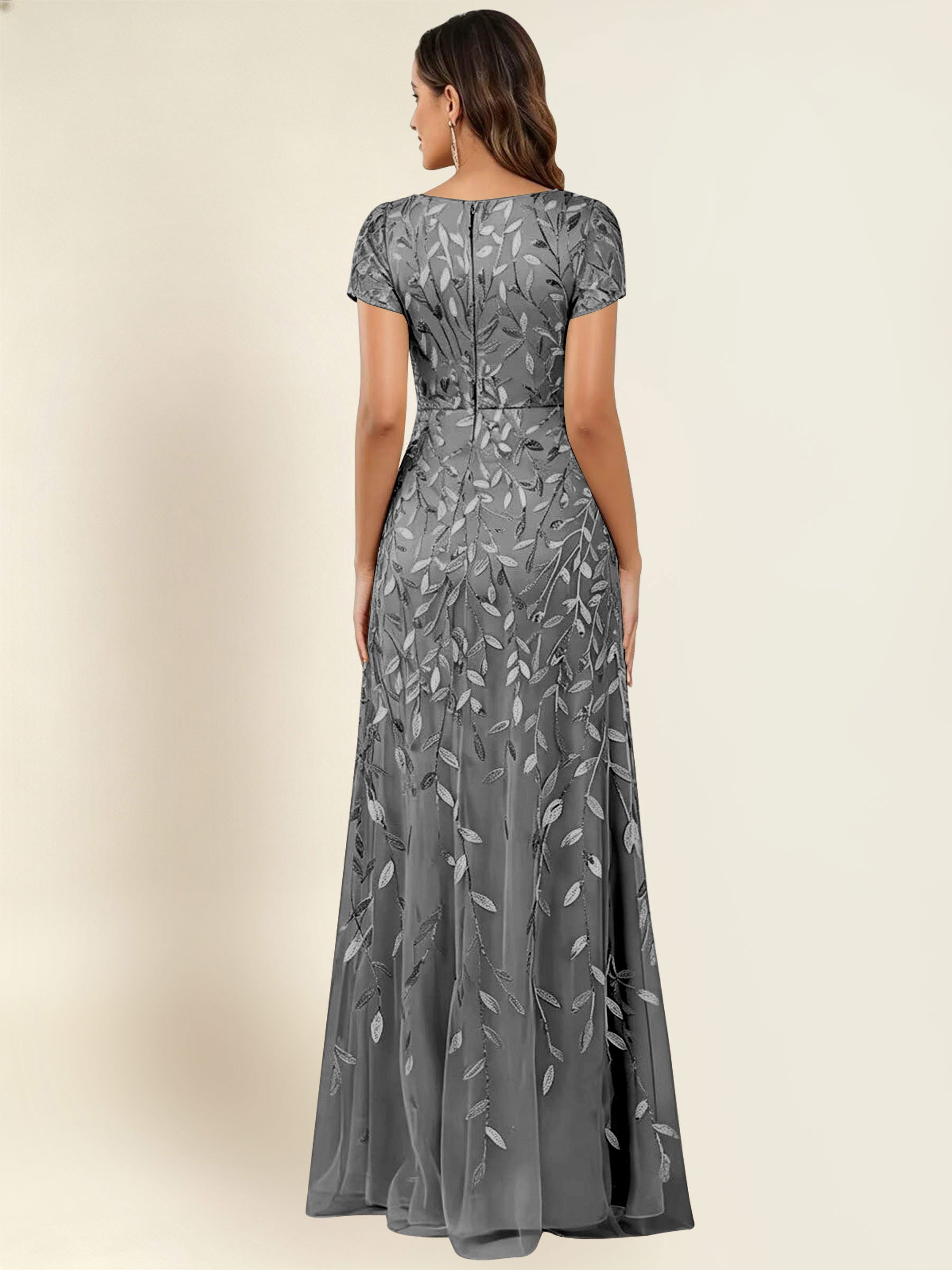 ROVDESY Sequin Mermaid Long Mother Of The Bride Dress With Short Sleeves Formal Gown