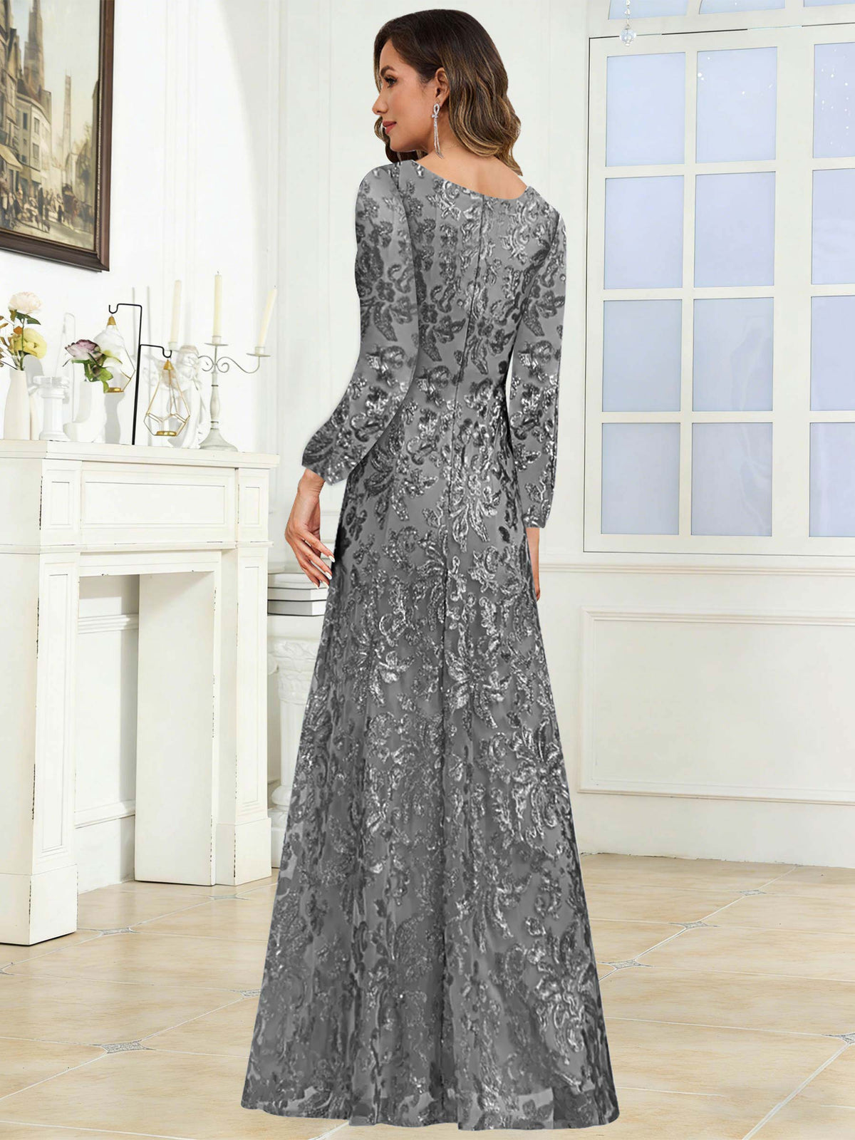 Crew Neck Sequin Lace Long Sleeve Mother of the Bride Dress