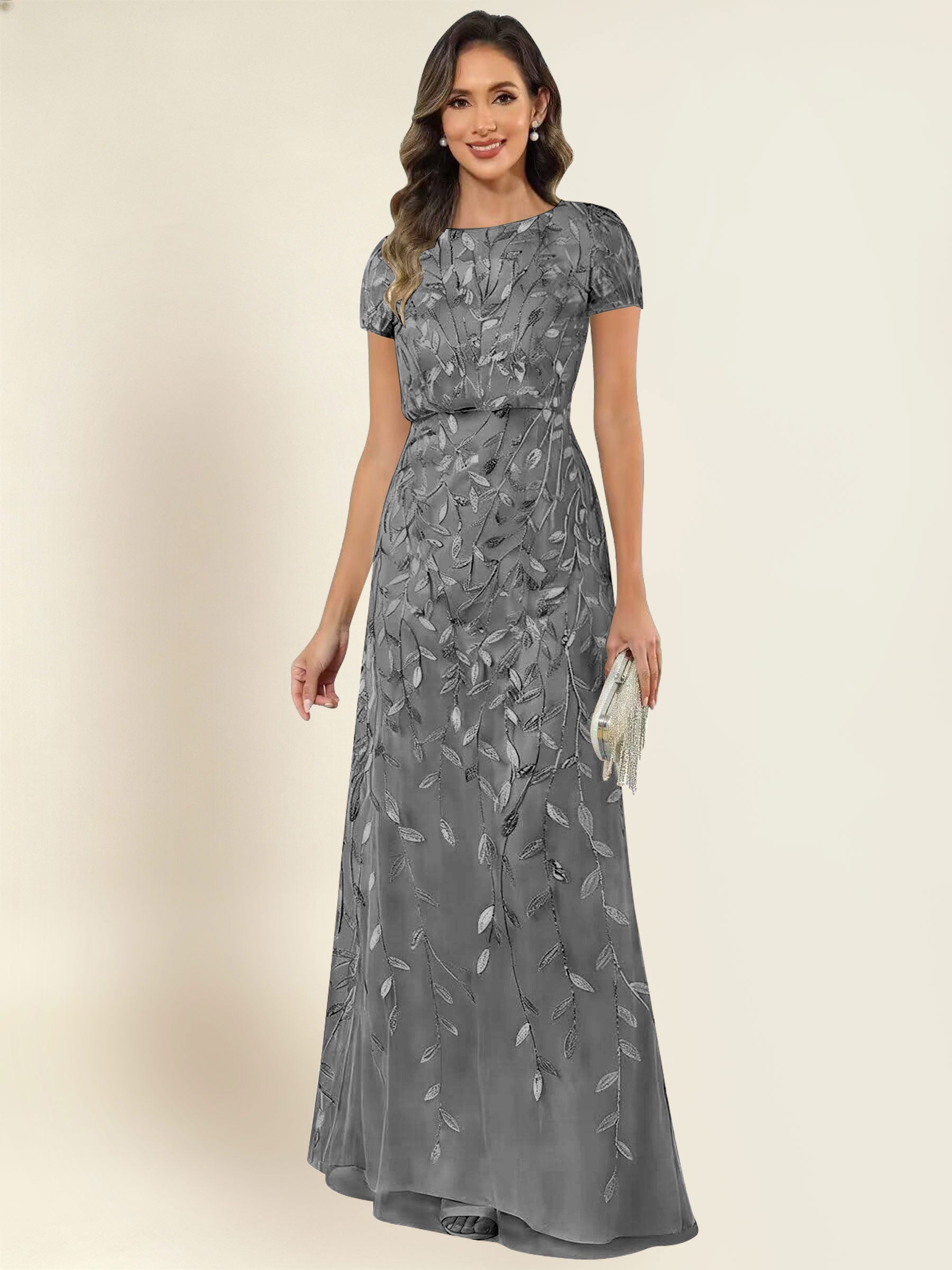 ROVDESY Sequin Mermaid Long Mother Of The Bride Dress With Short Sleeves Formal Gown