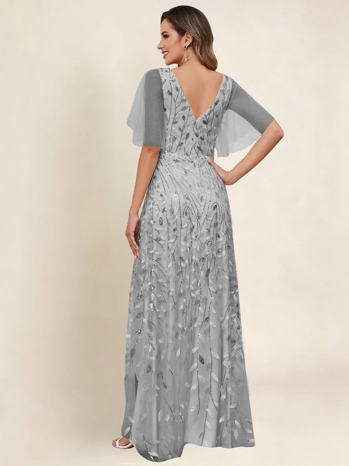 V Neck Sequin Tulle A Line Mother of the Bride Dress with Sleeves