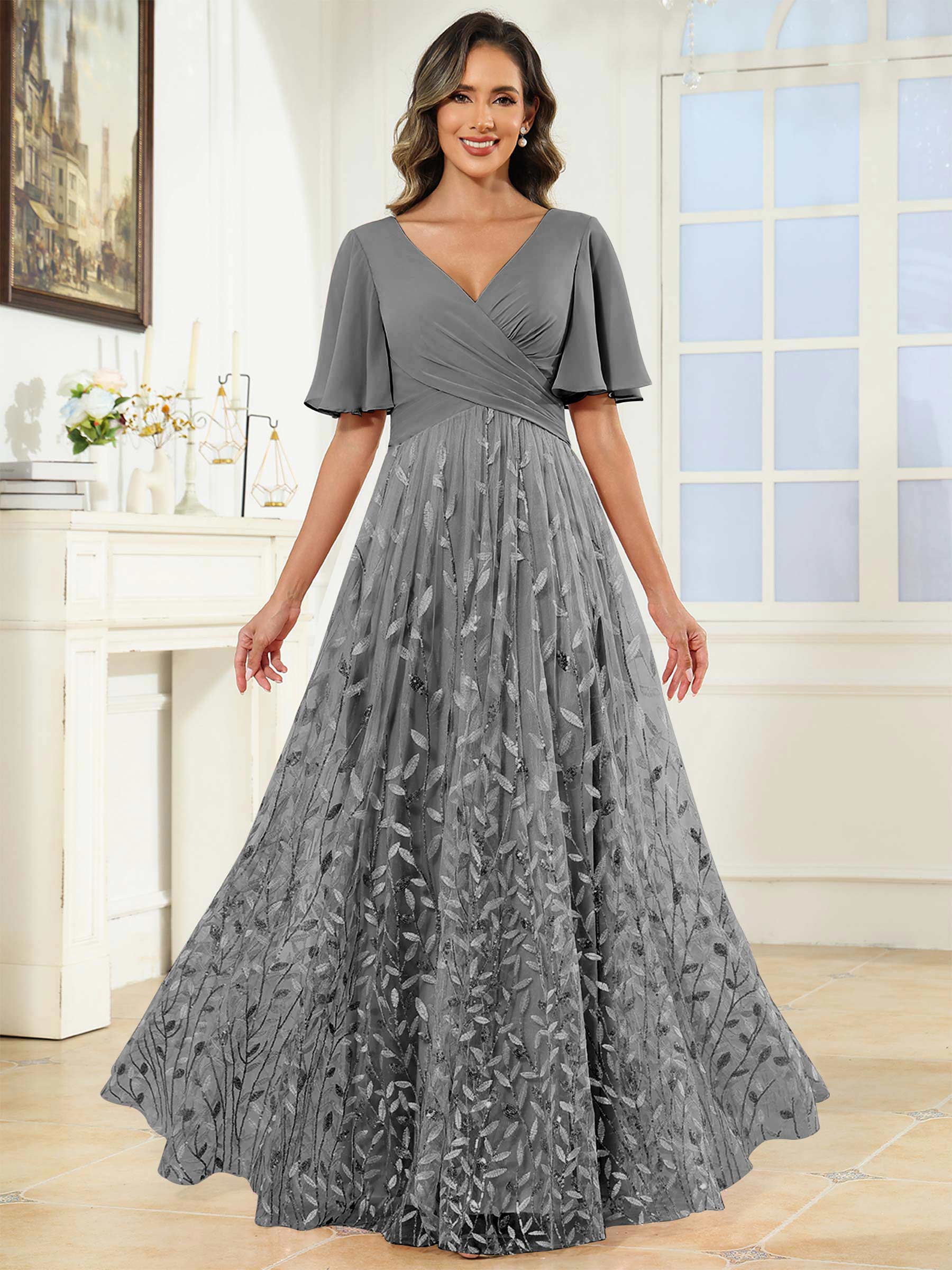 ROVDESY A-Line V-Neck Chiffon Sequin Mother Of The Bride Dress With Short Sleeves