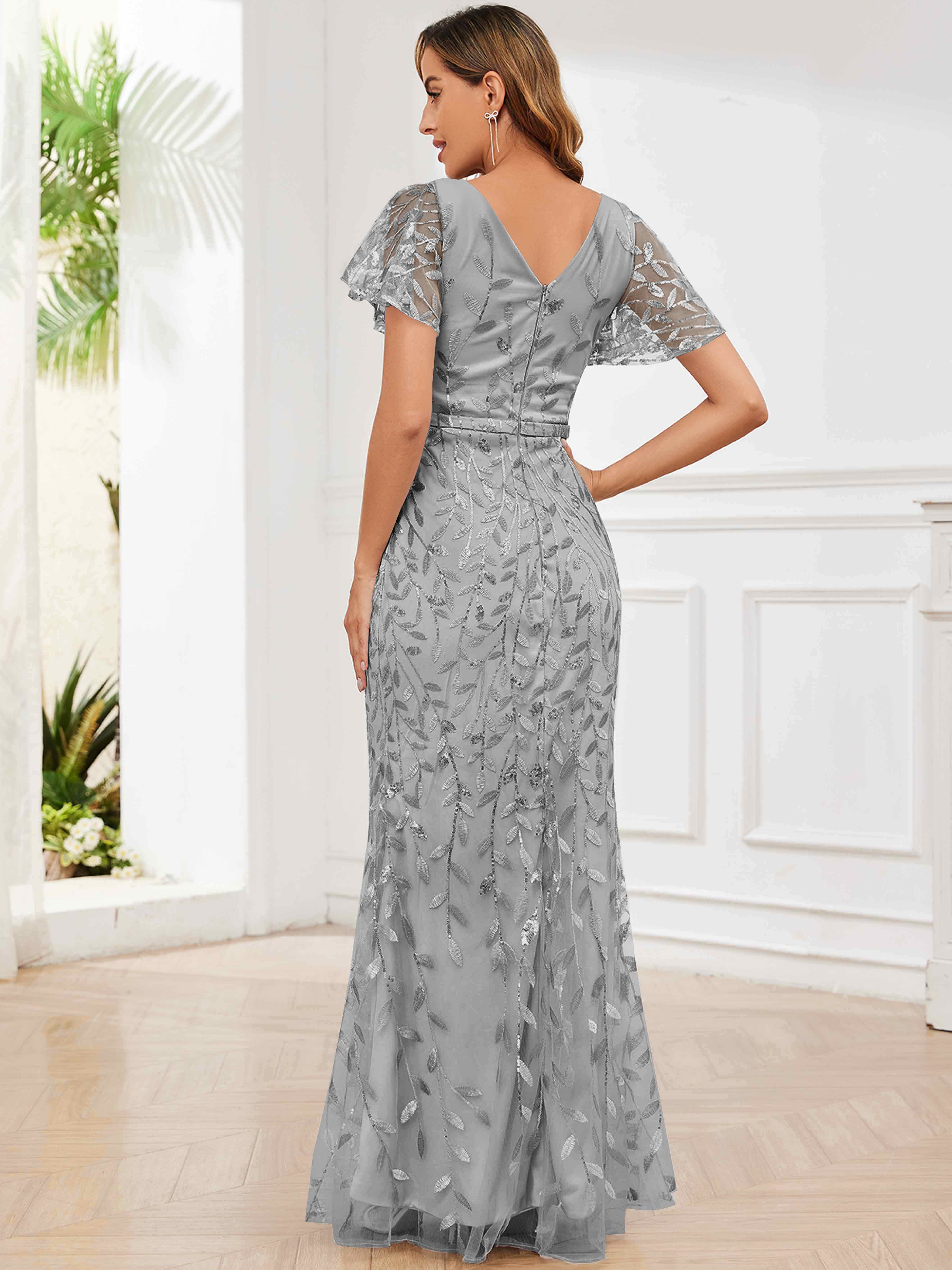 ROVDESY V-Neck Mermaid Sequin Mother Of The Bride Dress With Short Sleeves