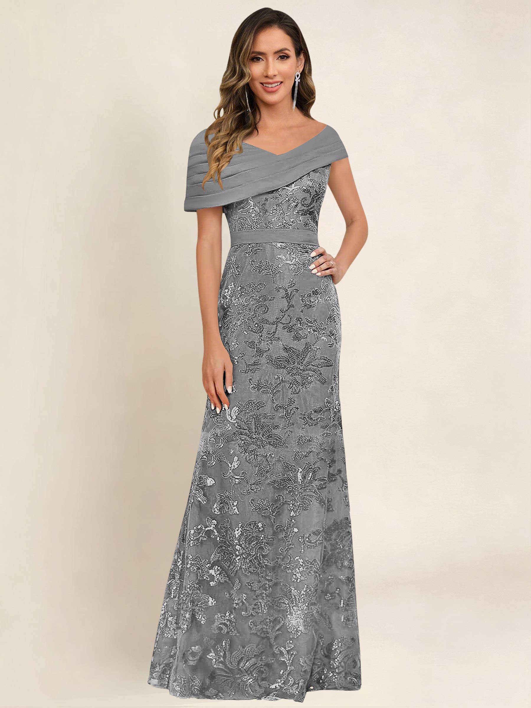 ROVDESY Off the Shoulder Sequin Mermaid Long Mother Of The Bride Dress Formal Gown
