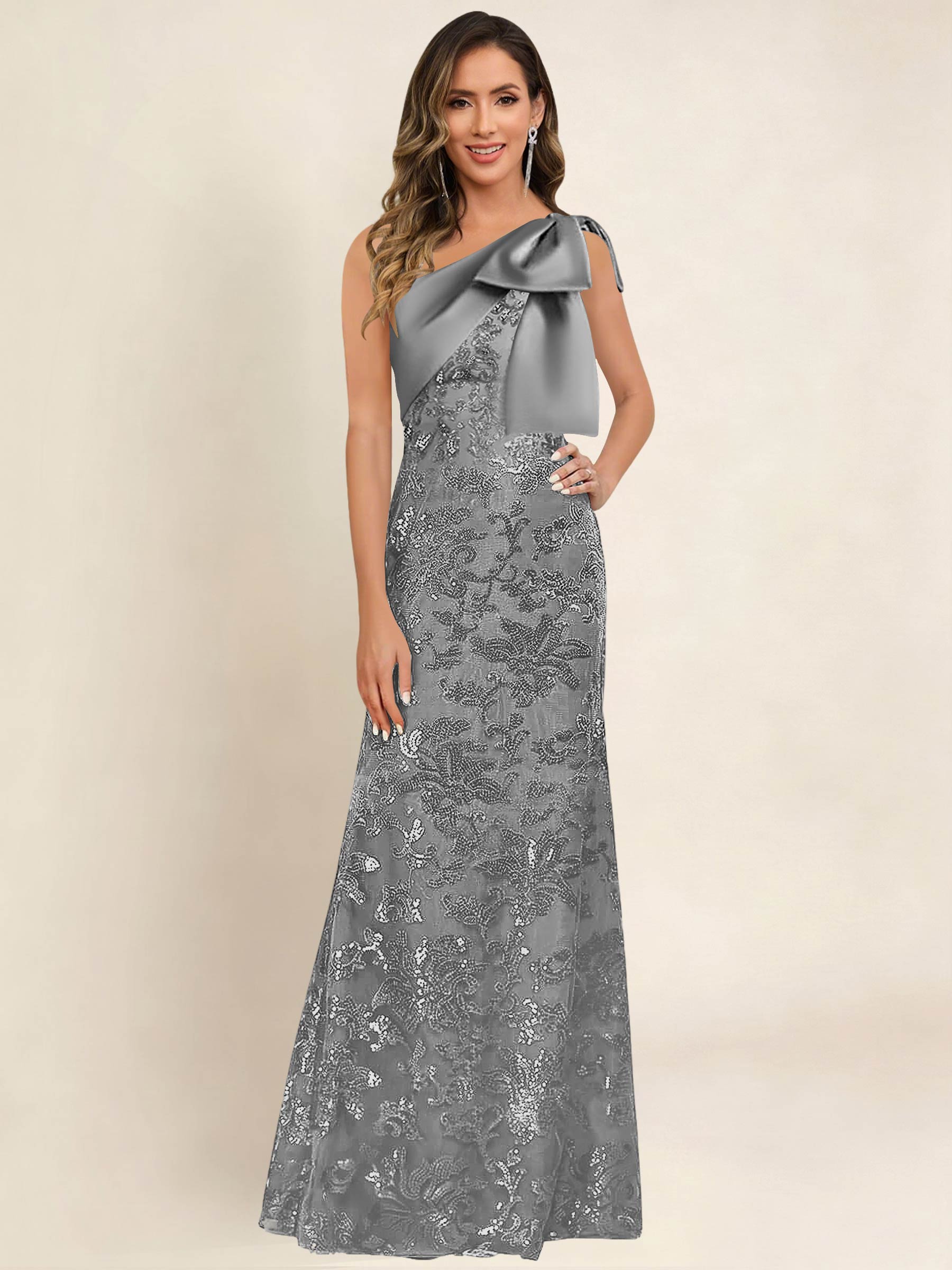 ROVDESY One Shoulder Sequin Mermaid Long Mother Of The Bride Dress Formal Gown With Bow