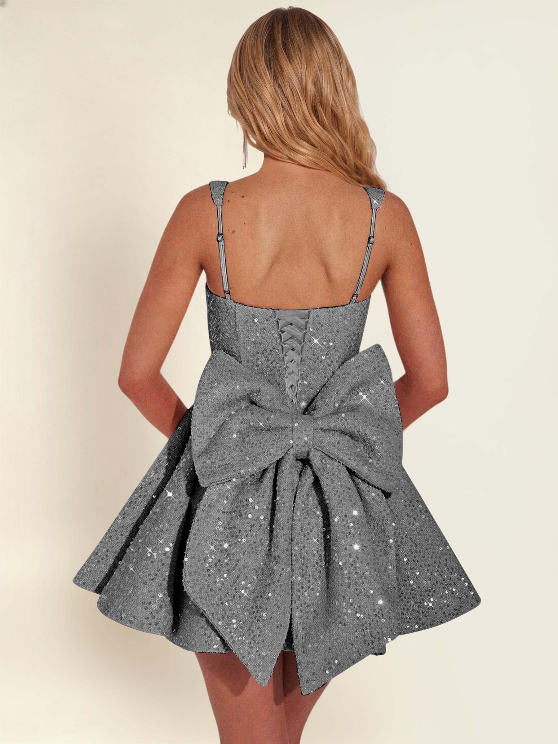 ROVDESY Sparkly Sequin A-Line Square Neck Homecoming Mini Dress With Big Bow