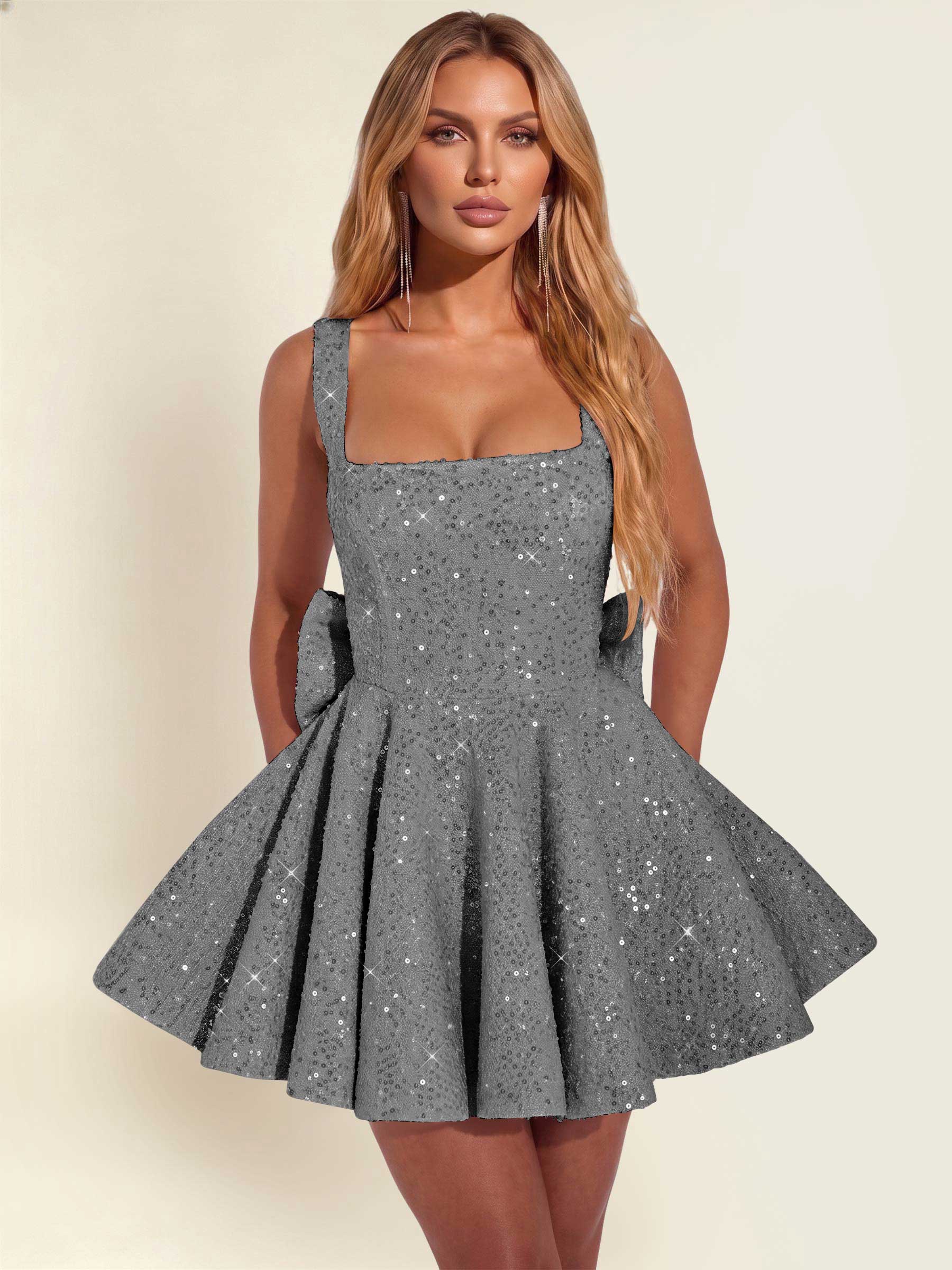 ROVDESY Sparkly Sequin A-Line Square Neck Homecoming Mini Dress With Big Bow