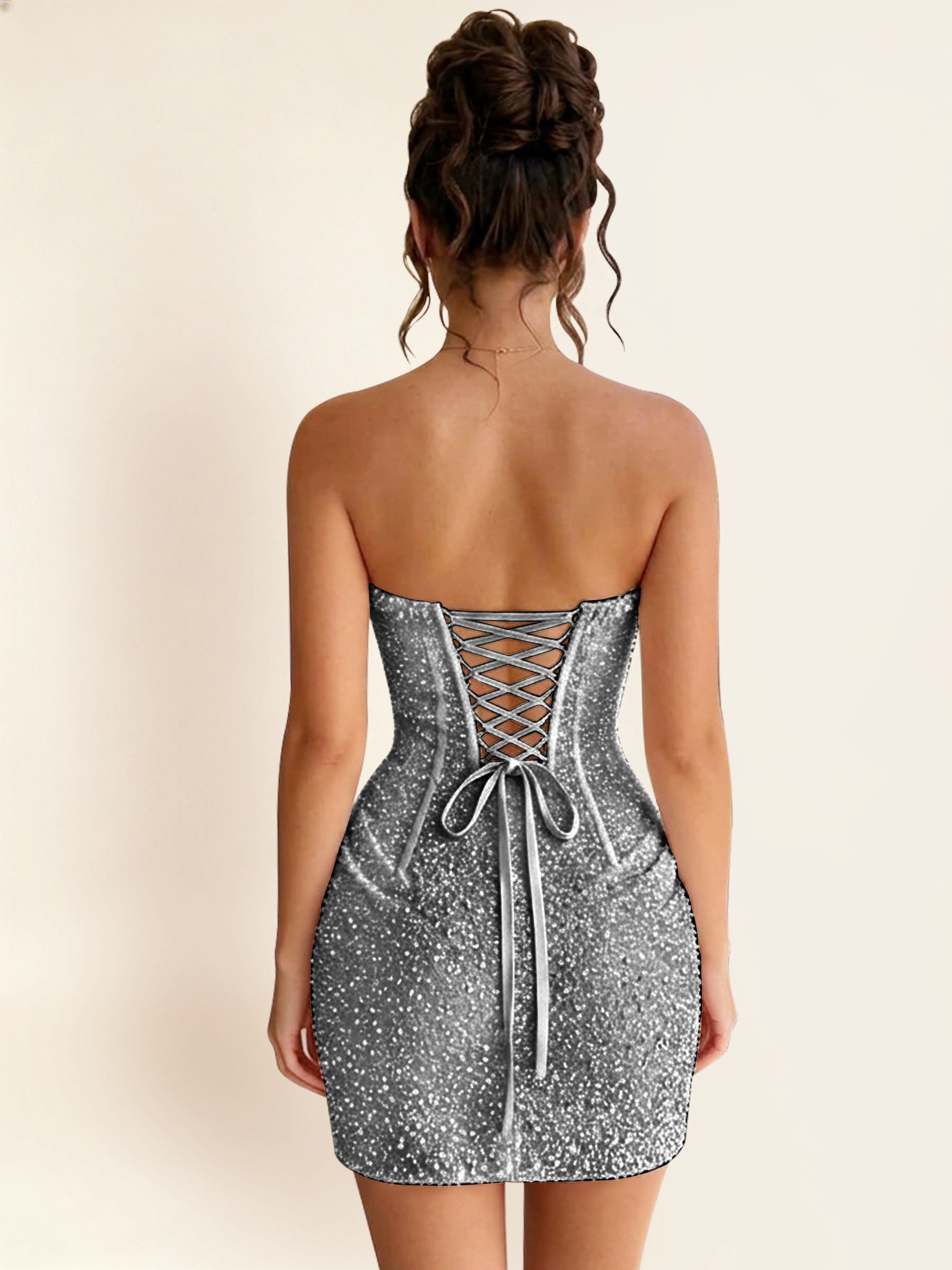ROVDESY Strapless Sequin Sweetheart Ruched Tight Homecoming Mini Dress
