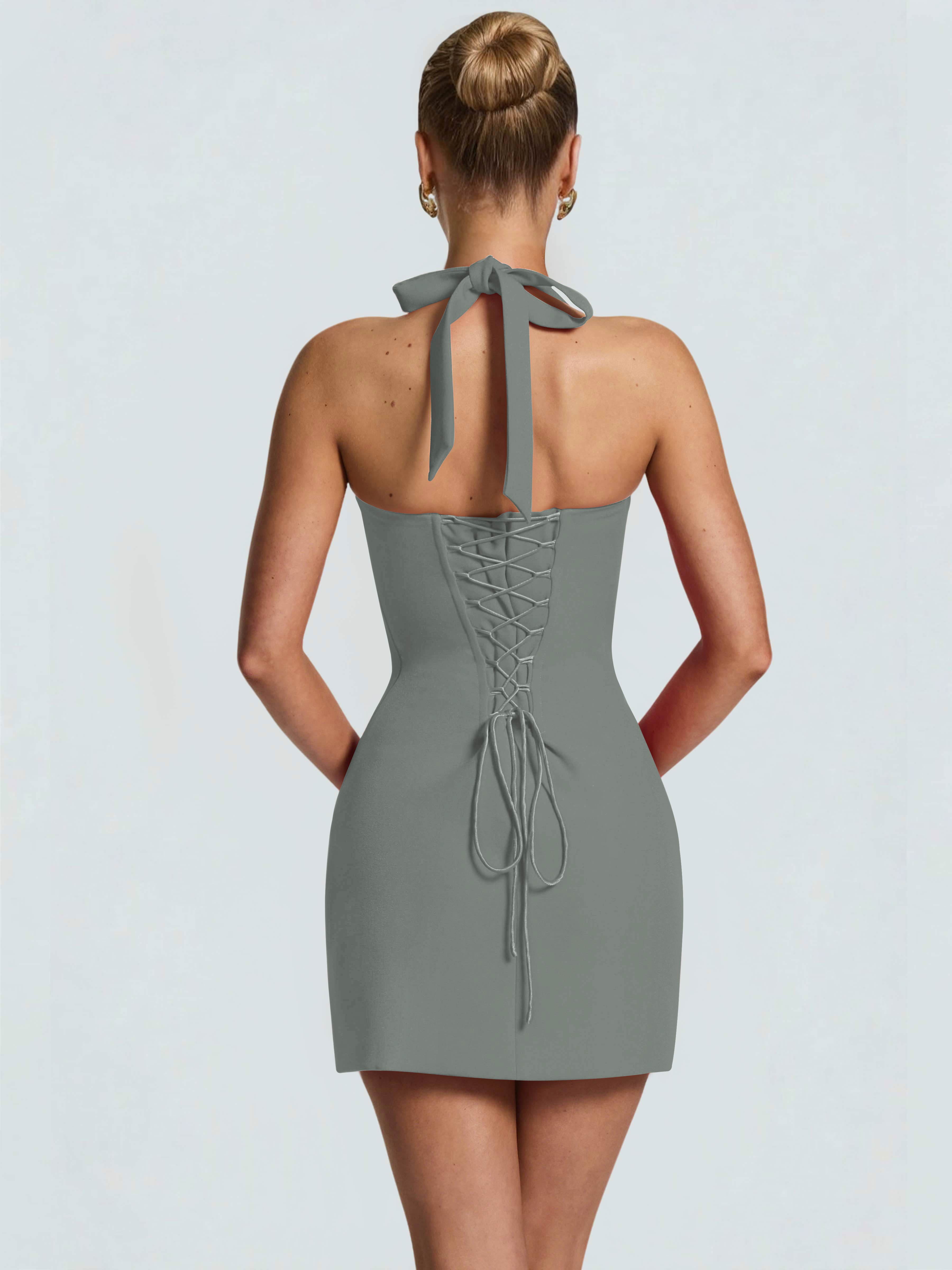 ROVDESY Halter Lace Satin Tight Homecoming Mini Dress