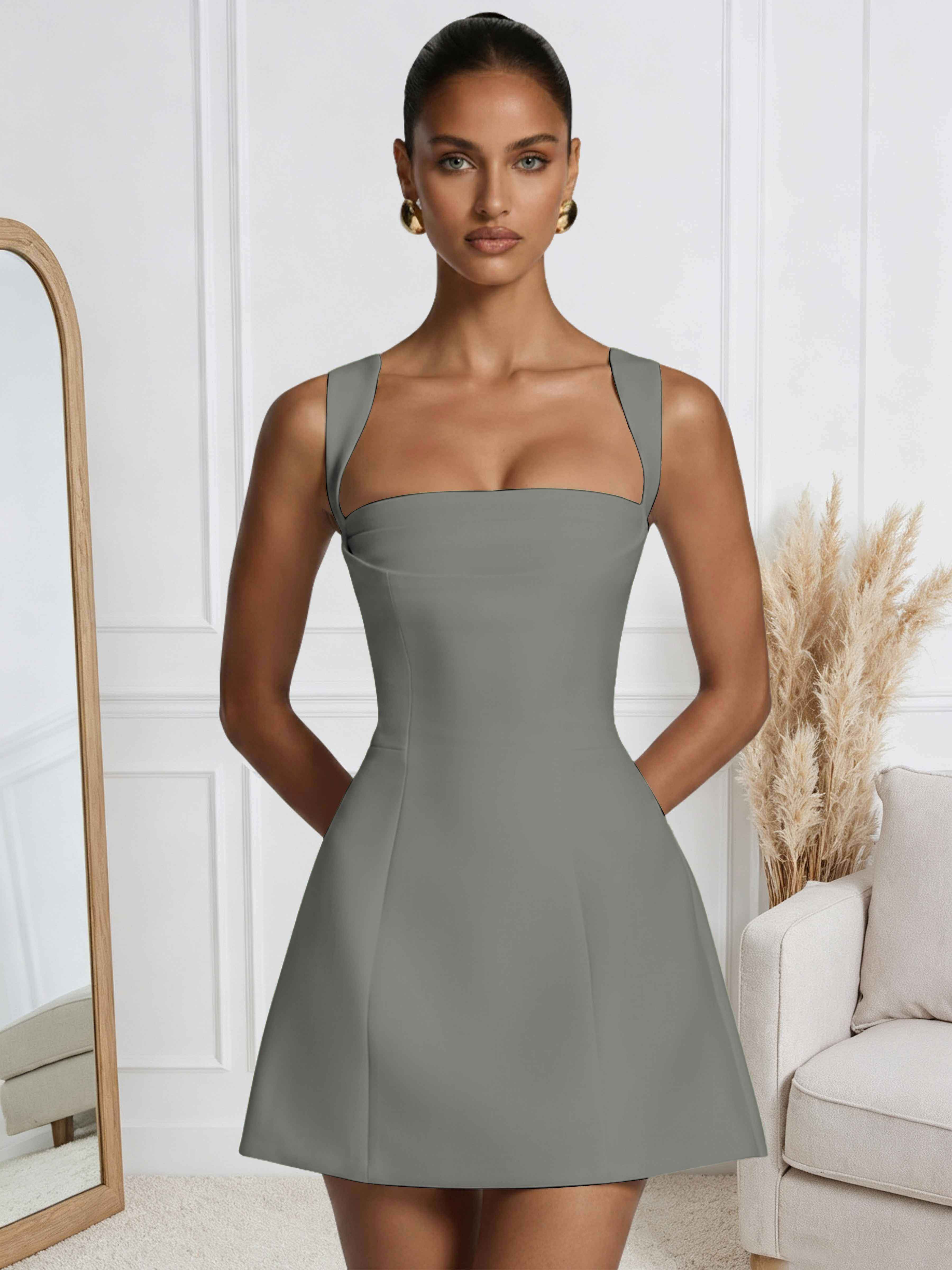 ROVDESY A-Line Square Neck Satin Homecoming Mini Dress