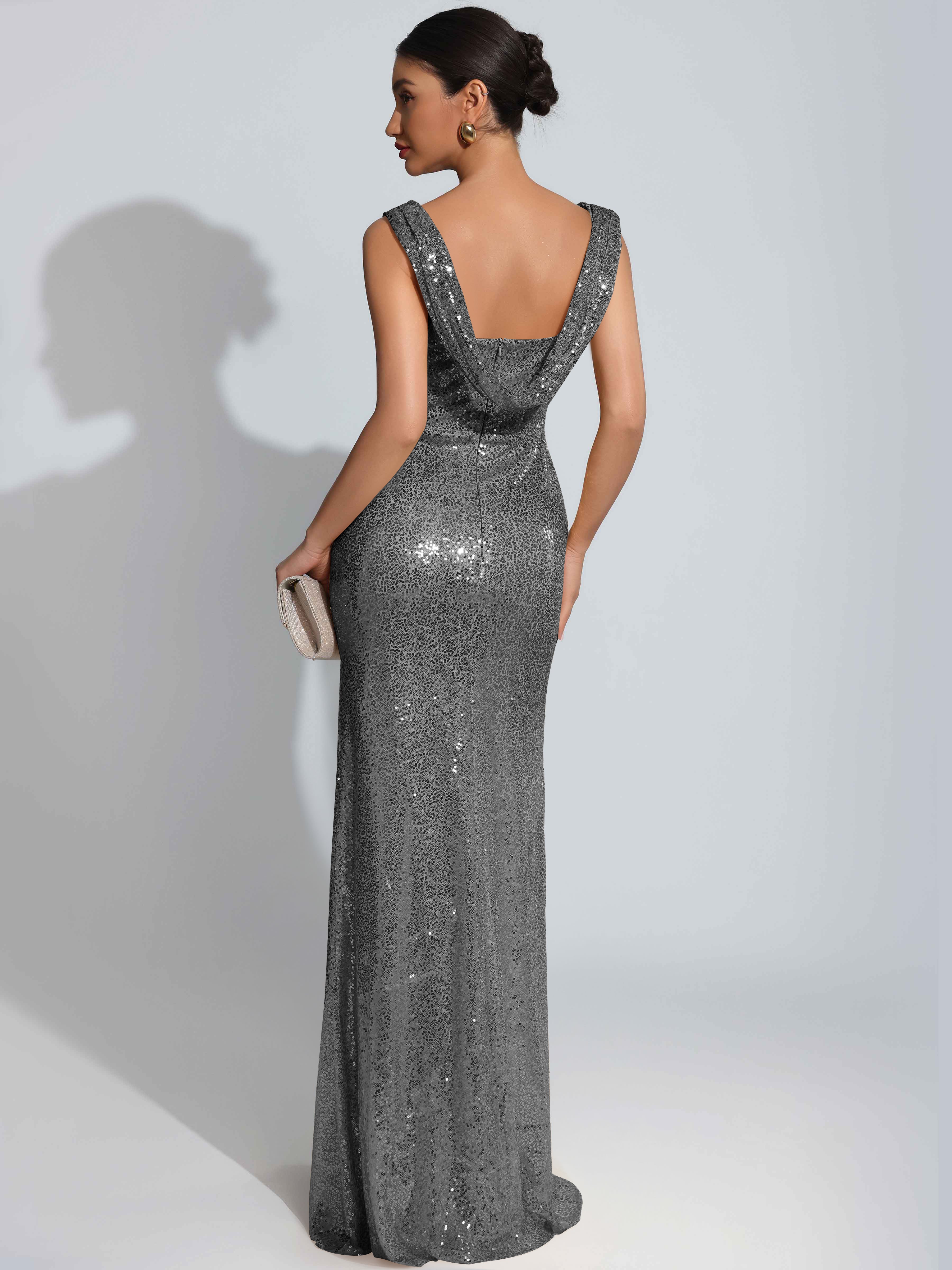 ROVDESY Sparkly Bateau Mermaid Ruched Sequin Long Prom Dress with Slit
