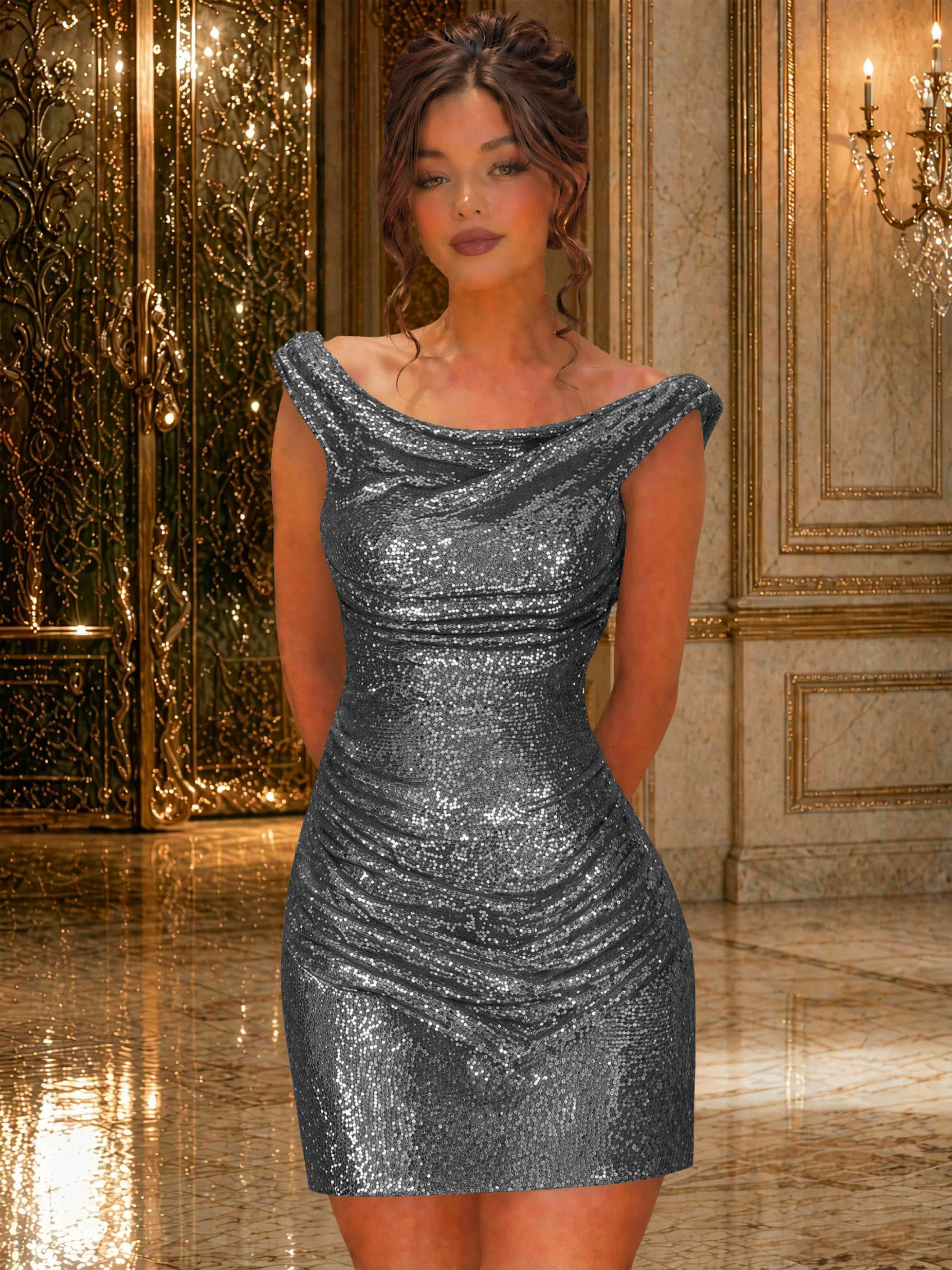ROVDES Sparkly Off The Shoulder Ruched Sequin Tight Homecoming Mini Dress