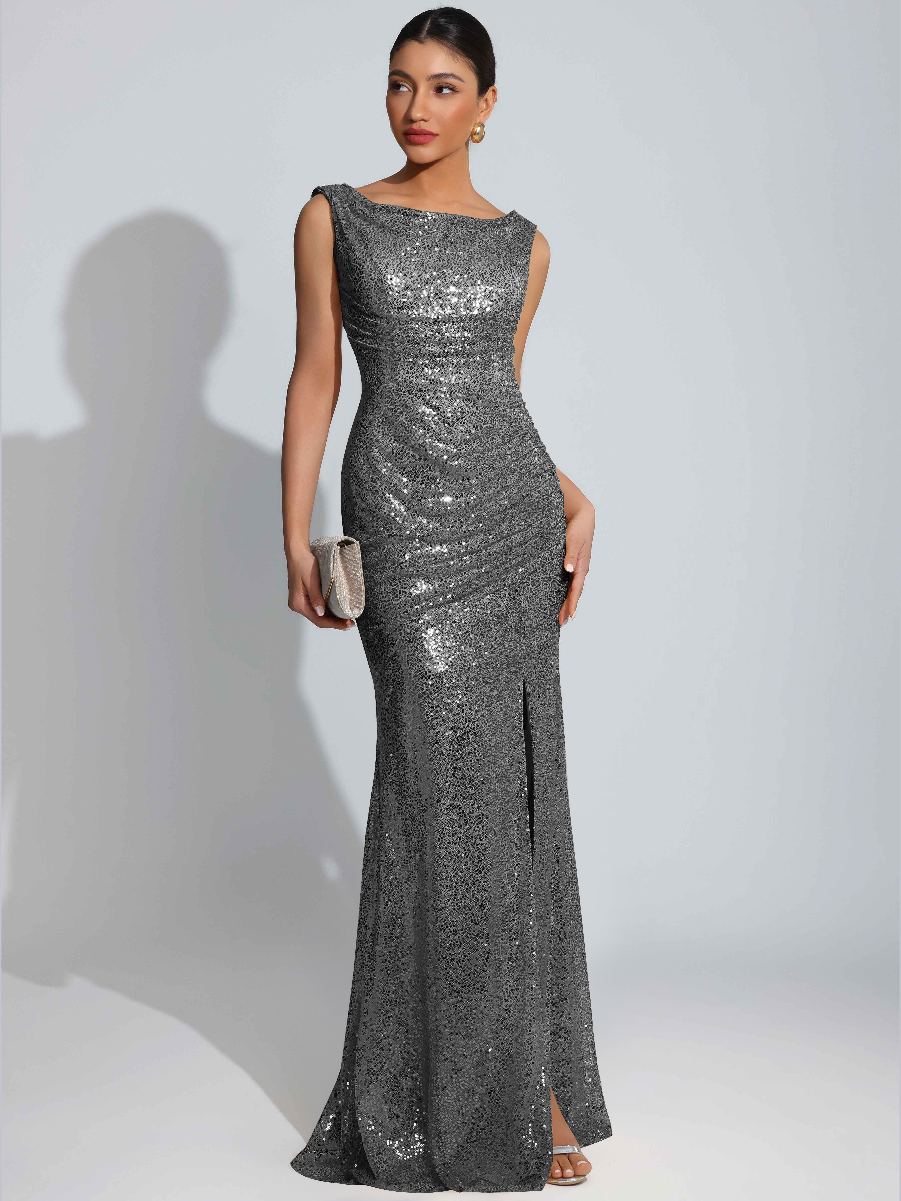 ROVDESY Sparkly Bateau Mermaid Ruched Sequin Long Prom Dress with Slit