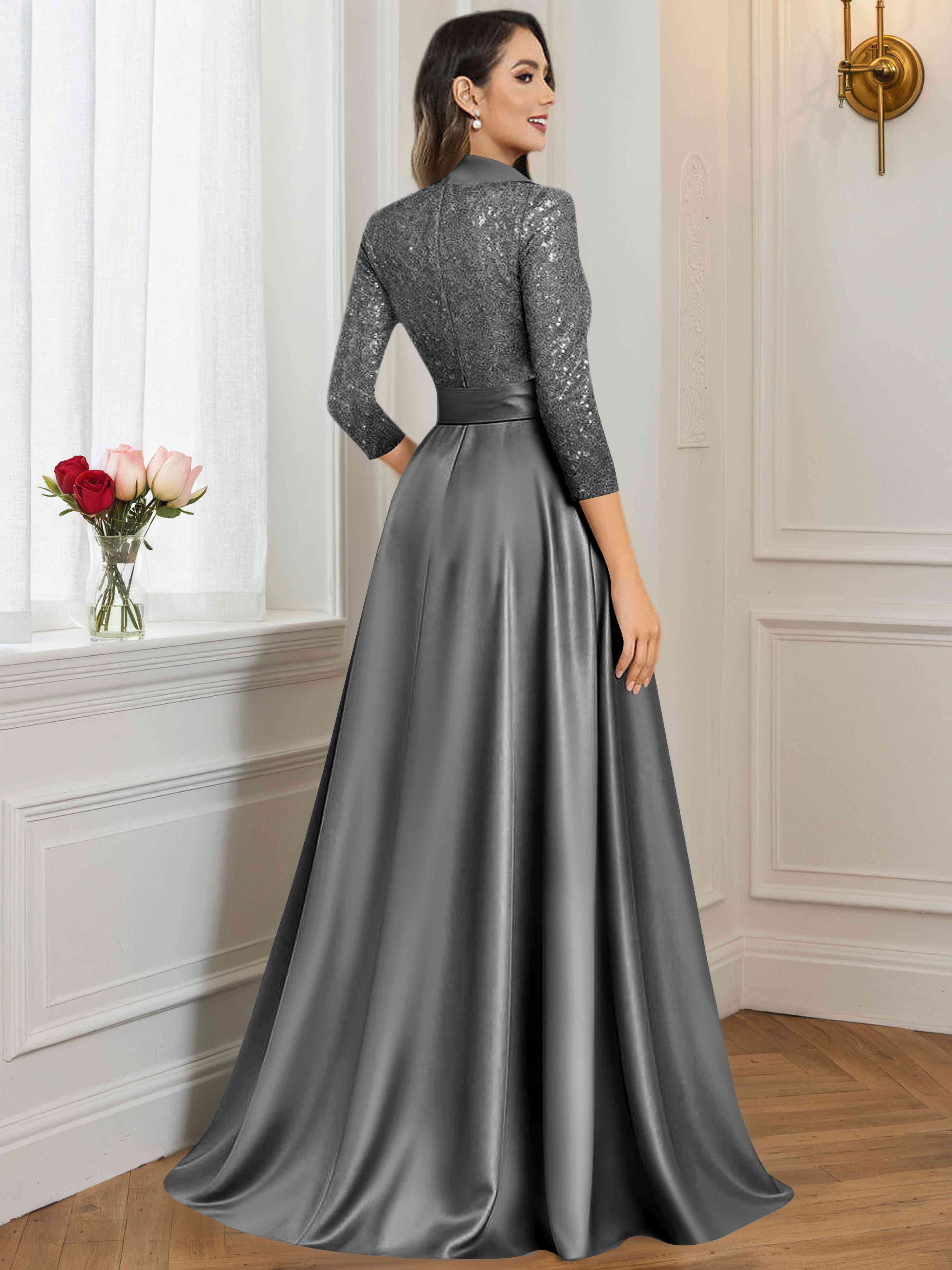 ROVDESY A-Line V Neck Sequin Satin  Long Mother of The Bride Dress Formal Gown With 3/4 Sleeves