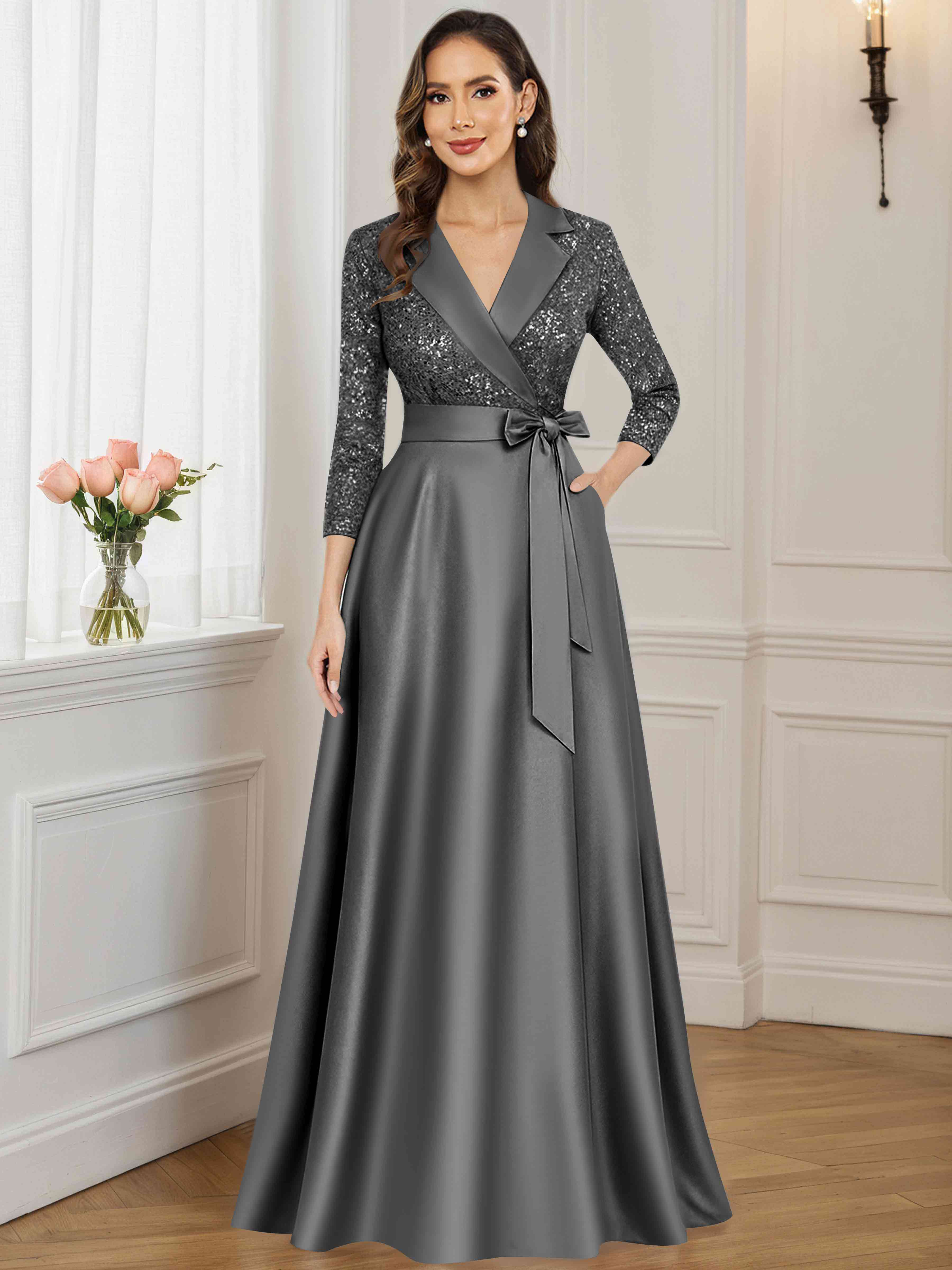 ROVDESY A-Line V Neck Sequin Satin  Long Mother of The Bride Dress Formal Gown With 3/4 Sleeves