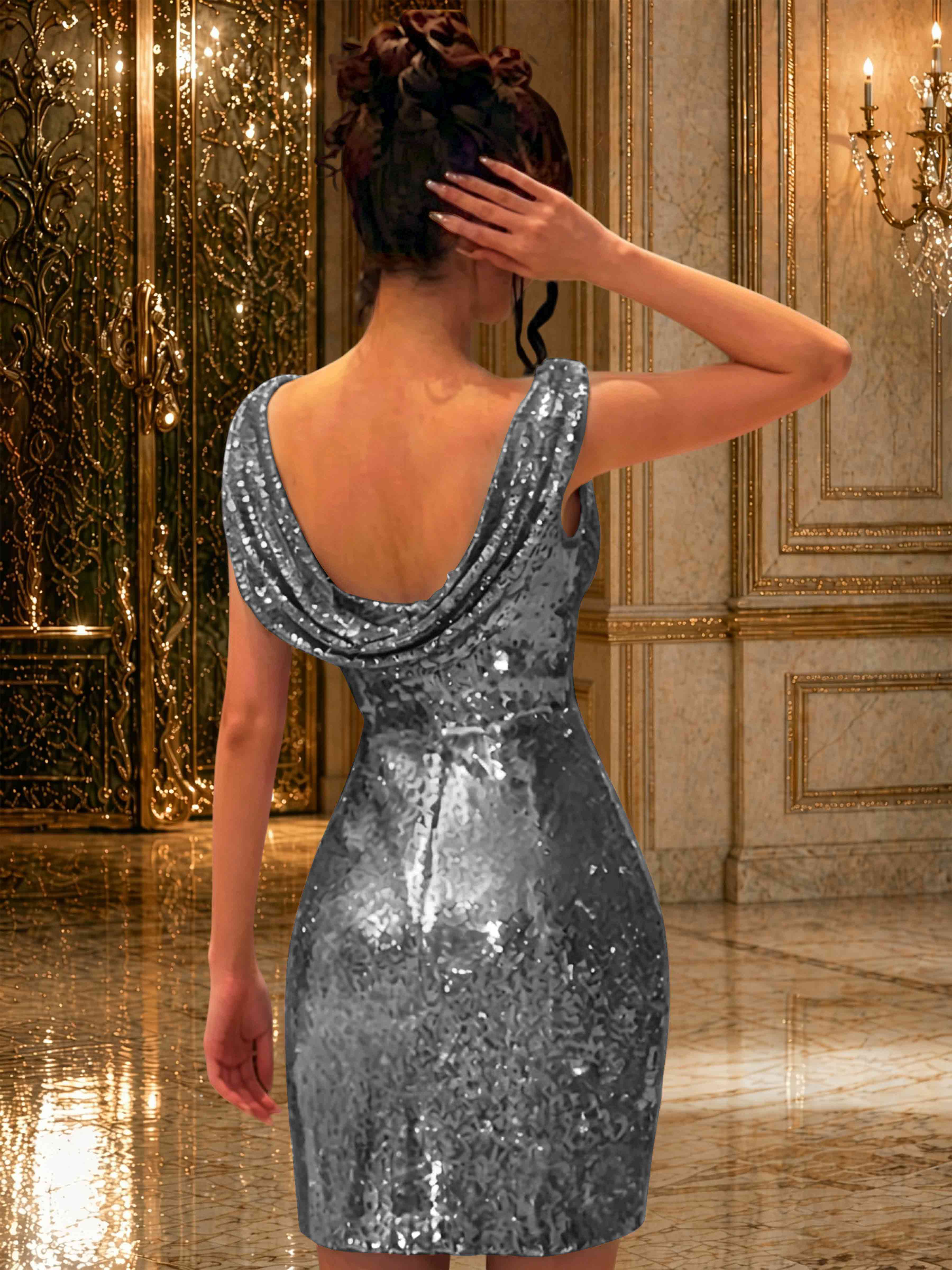ROVDES Sparkly Off The Shoulder Ruched Sequin Tight Homecoming Mini Dress