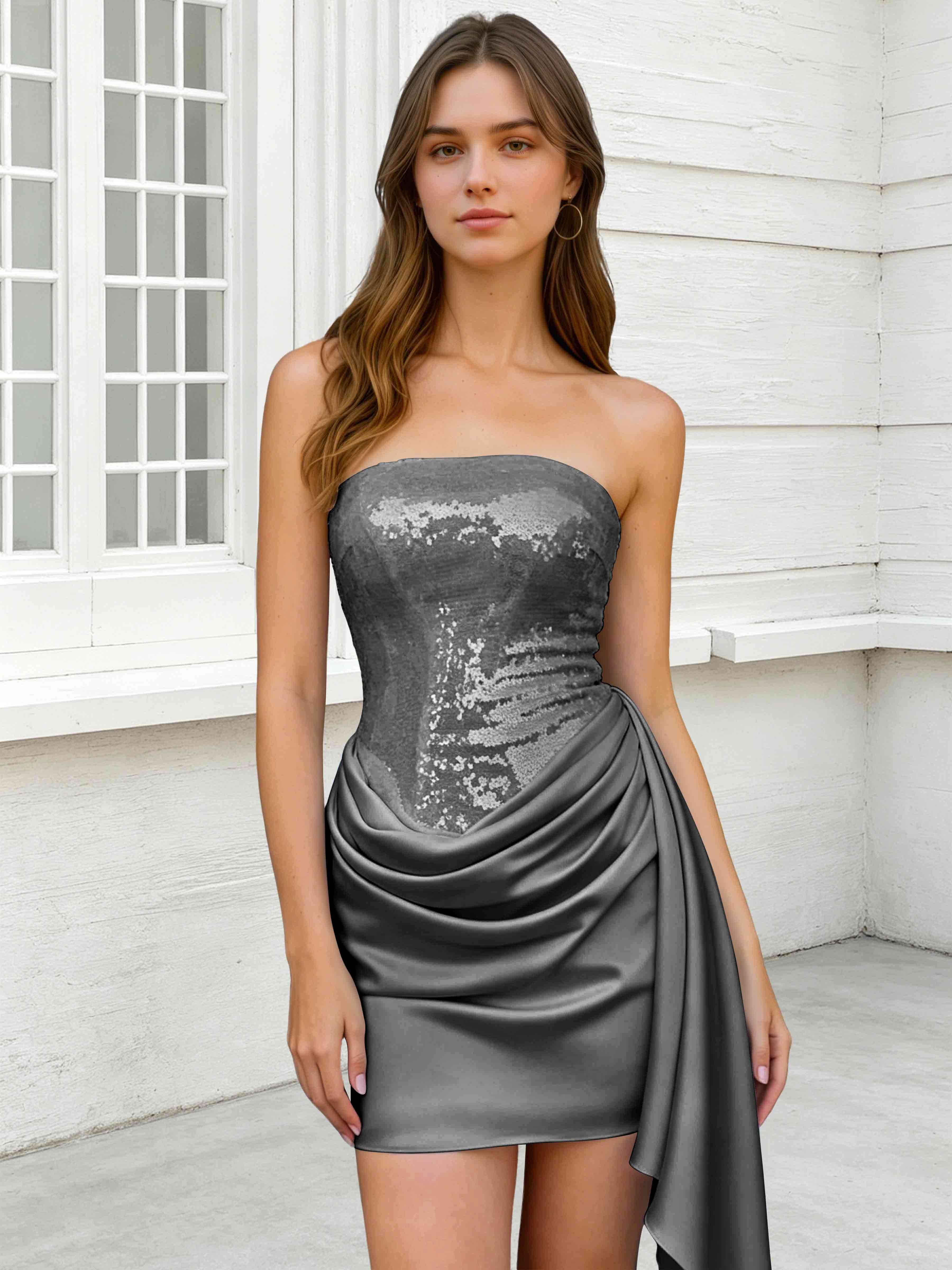 ROVDES Strapless Sequin Satin Tight Homecoming Mini Dress With Side Sash