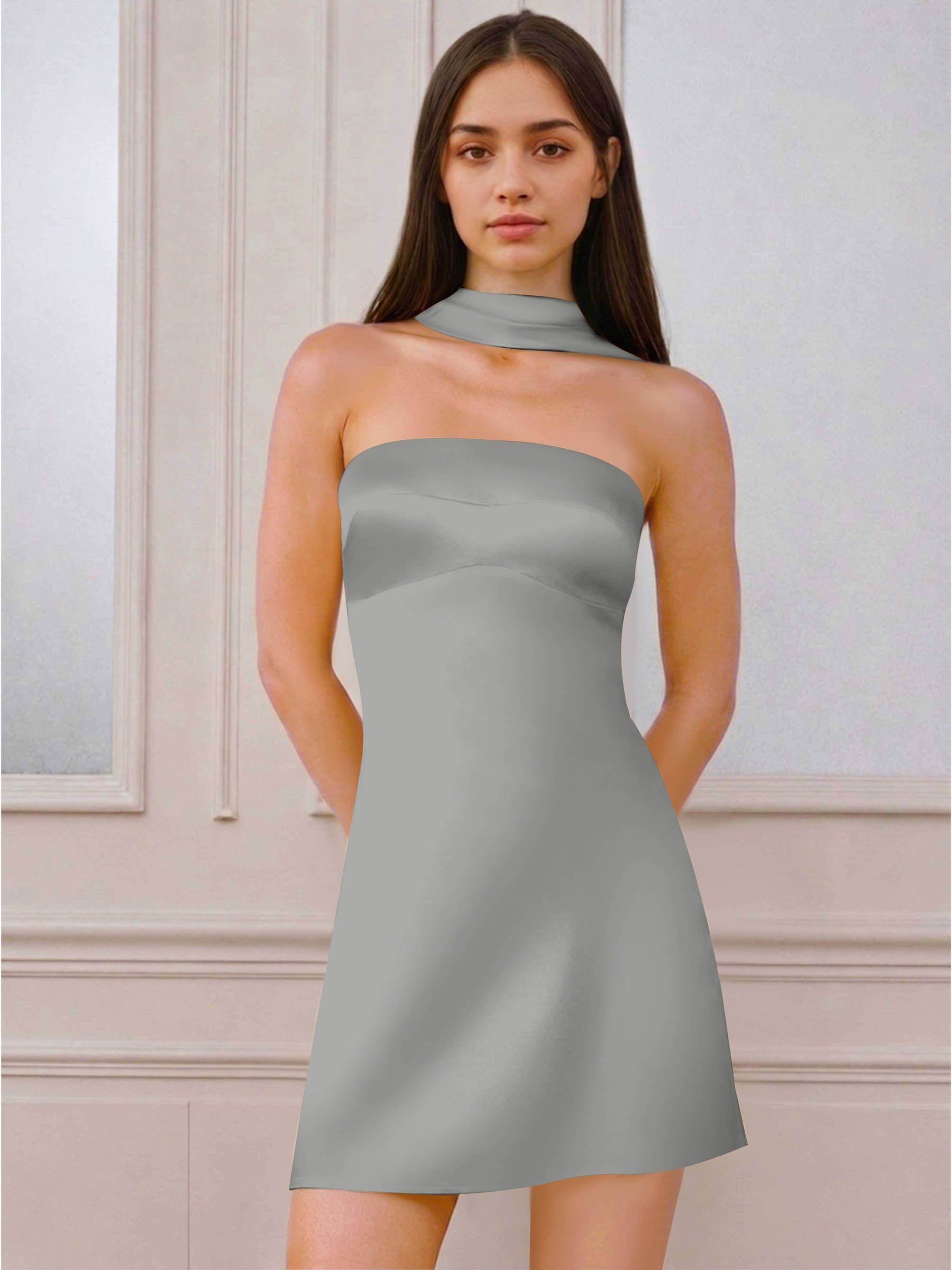 ROVDESY A-Line Halter Neck Satin Homecoming Mini Dress