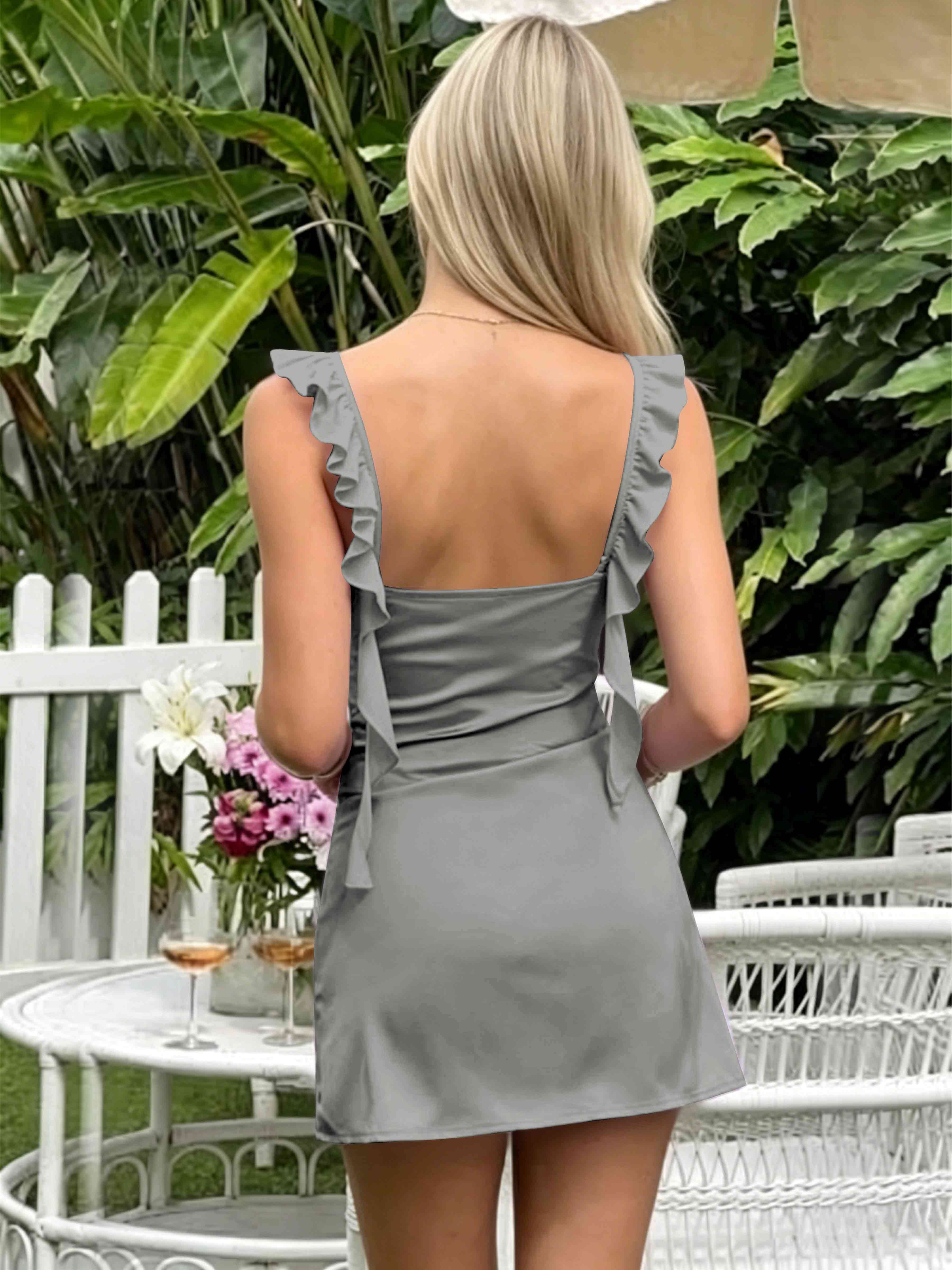 ROVDESY A-Line Ruffle Strap Satin Homecoming Mini Dress