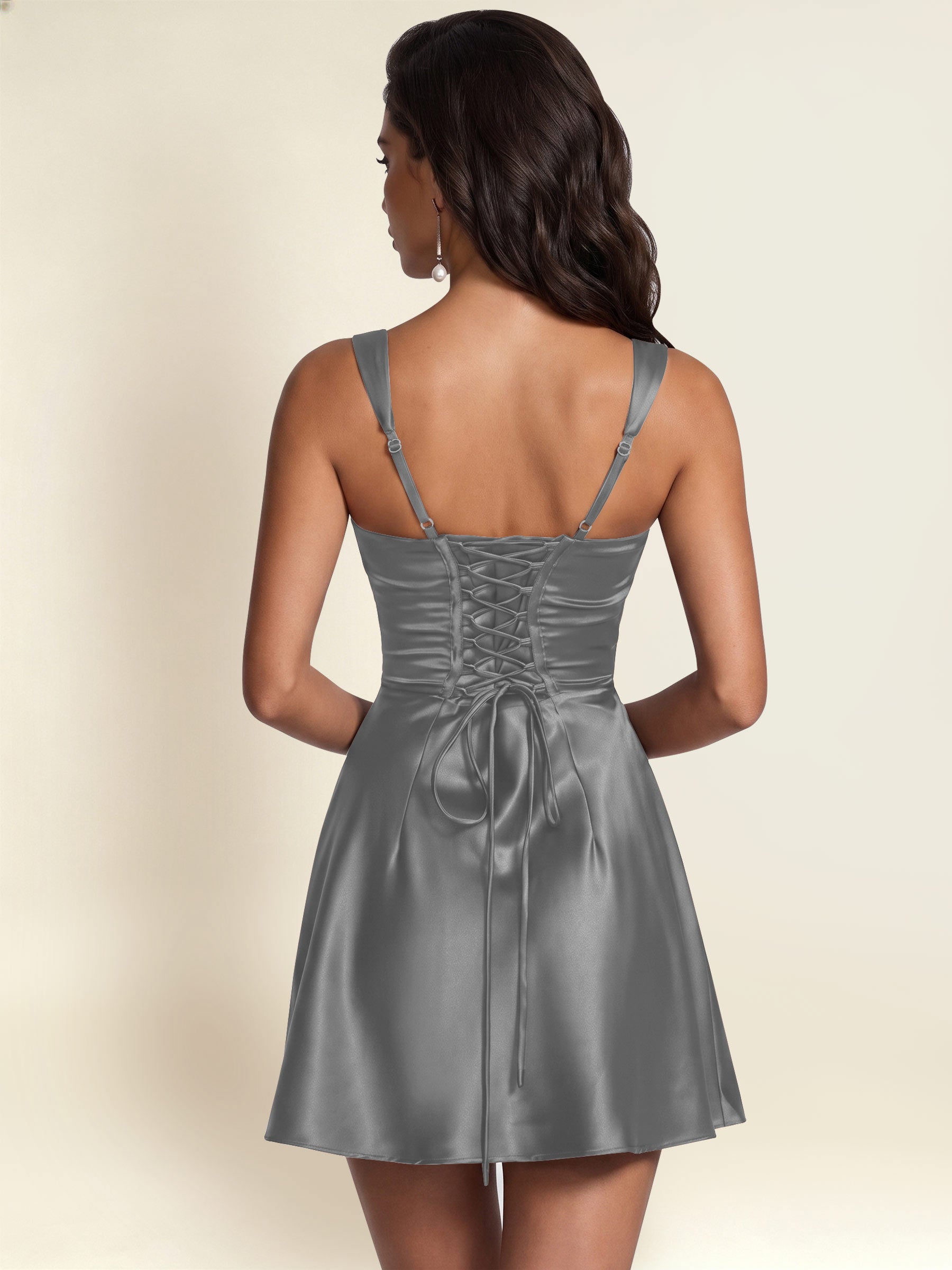 ROVDESY Square Neck Pleated Satin Homecoming Mini Dress