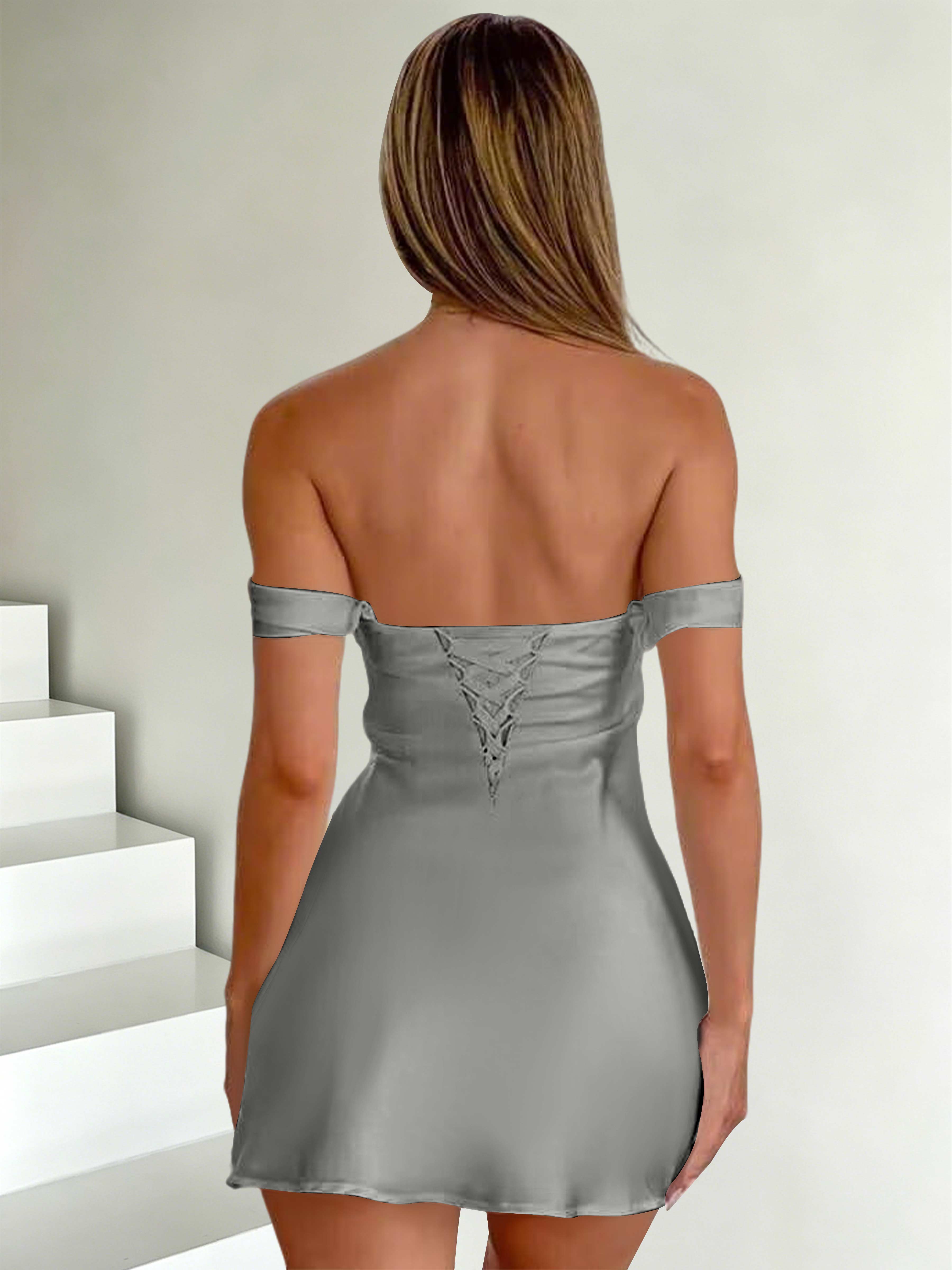 ROVDESY Off The Shoulder A-Line Pleated Satin Homecoming Mini Dress