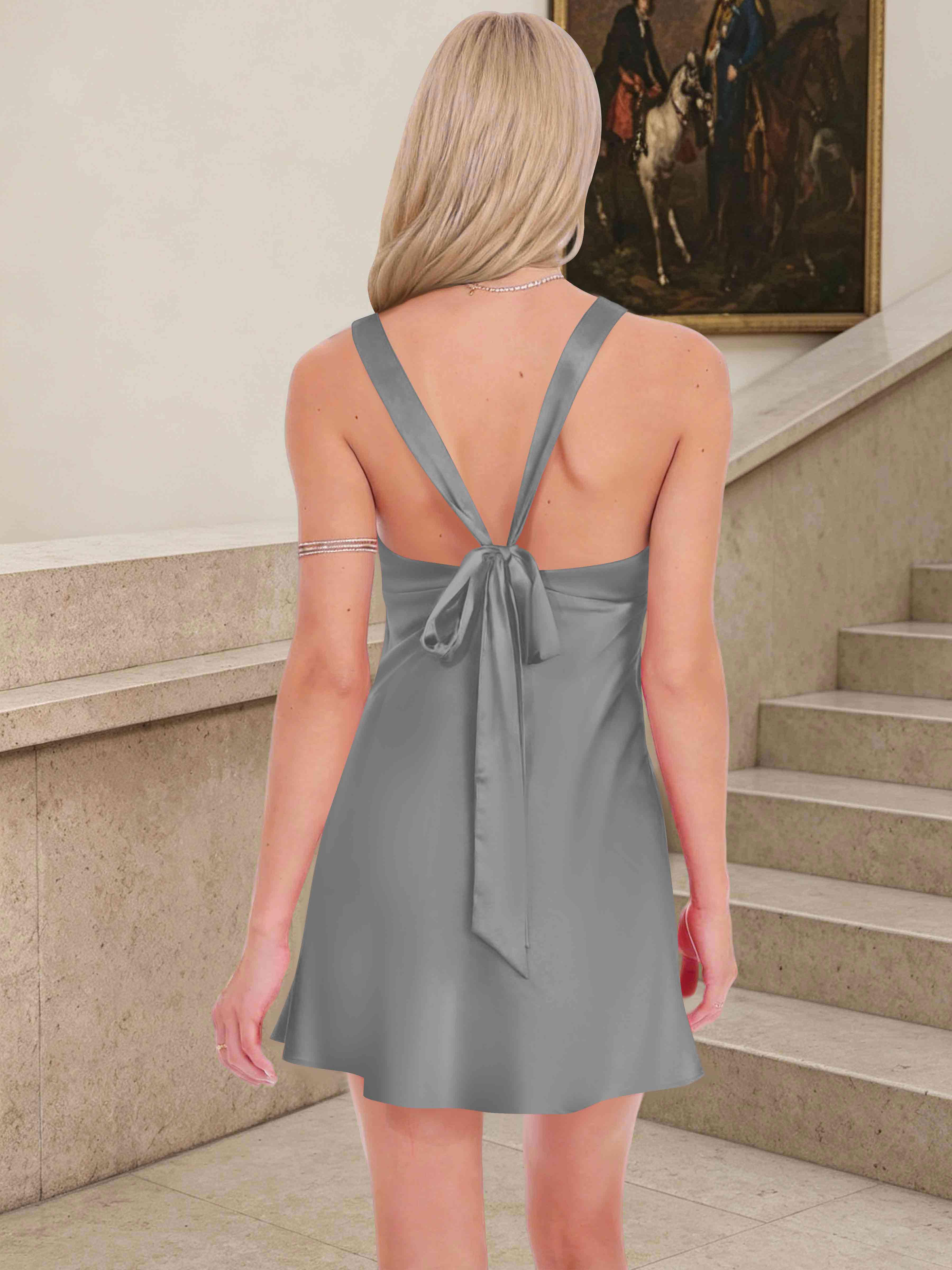 ROVDESY A-Line V-Neck Sleeveless Satin Homecoming Mini Dress