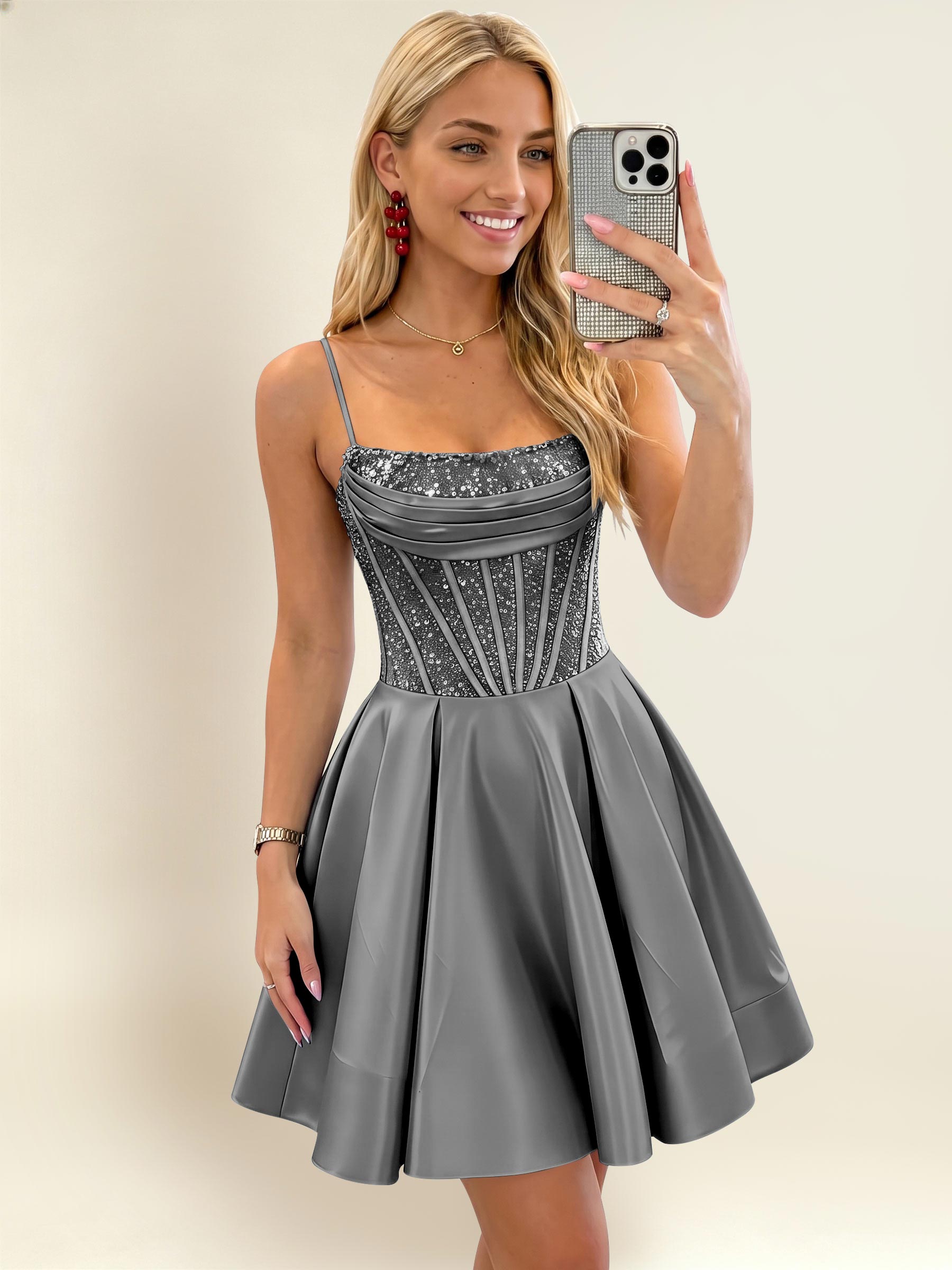 ROVDESY A-Line Spaghetti Strap Sequin Corset Satin Homecoming Mini Dress