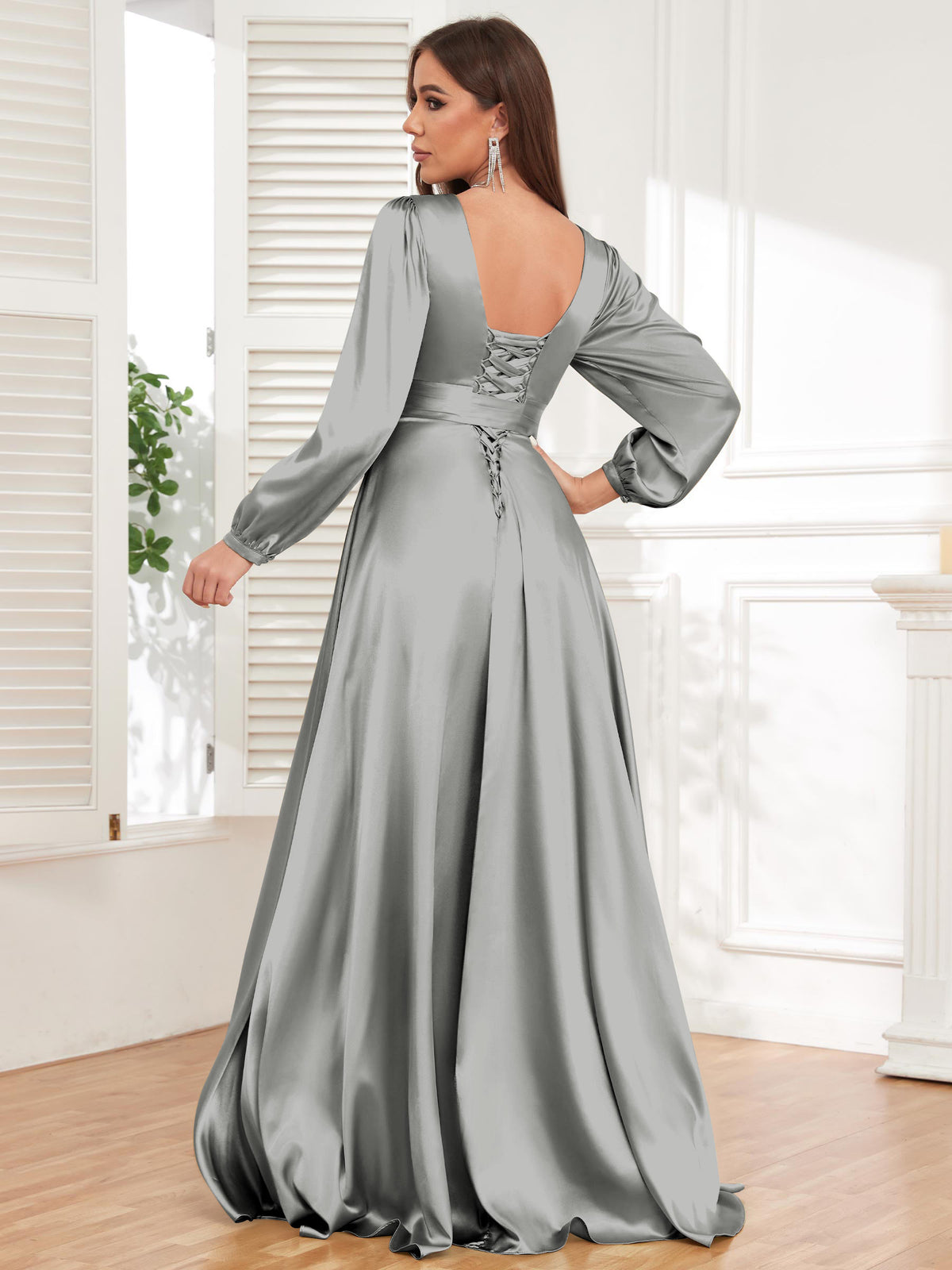 V Neck Satin Long Sleeve Bridesmaid Dress with Slit