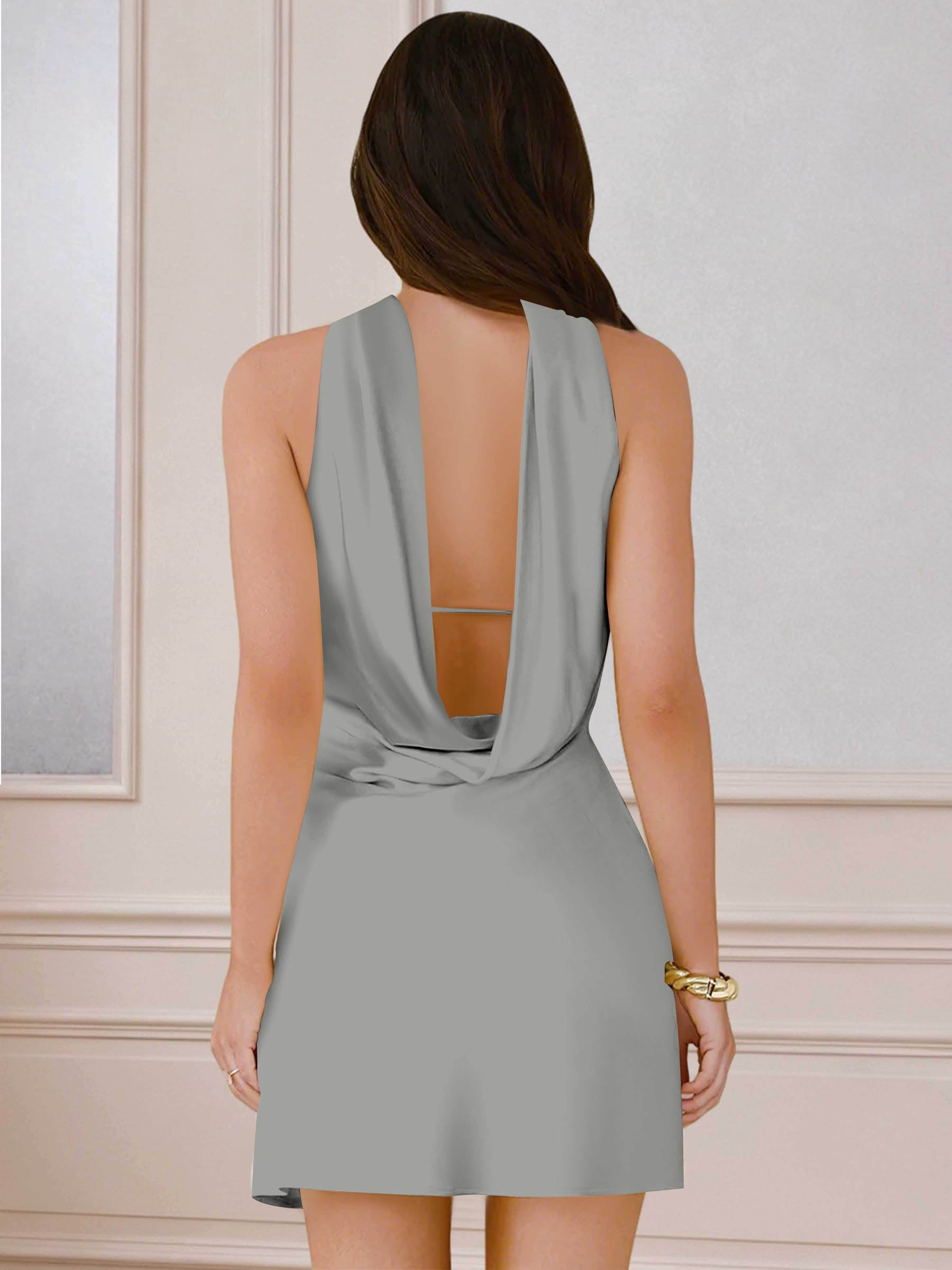 ROVDESY A-Line Halter Neck Satin Homecoming Mini Dress