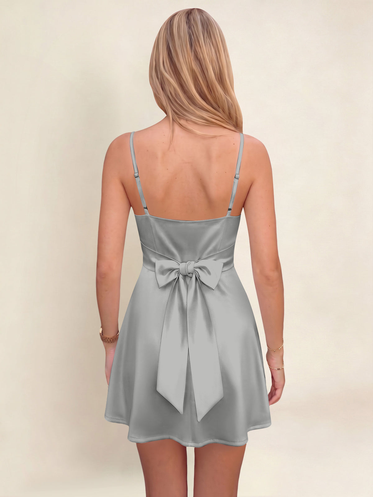 ROVDESY A-Line Spaghetti Strap Cowl Neck Satin Mini Homecoming Dress With Bow