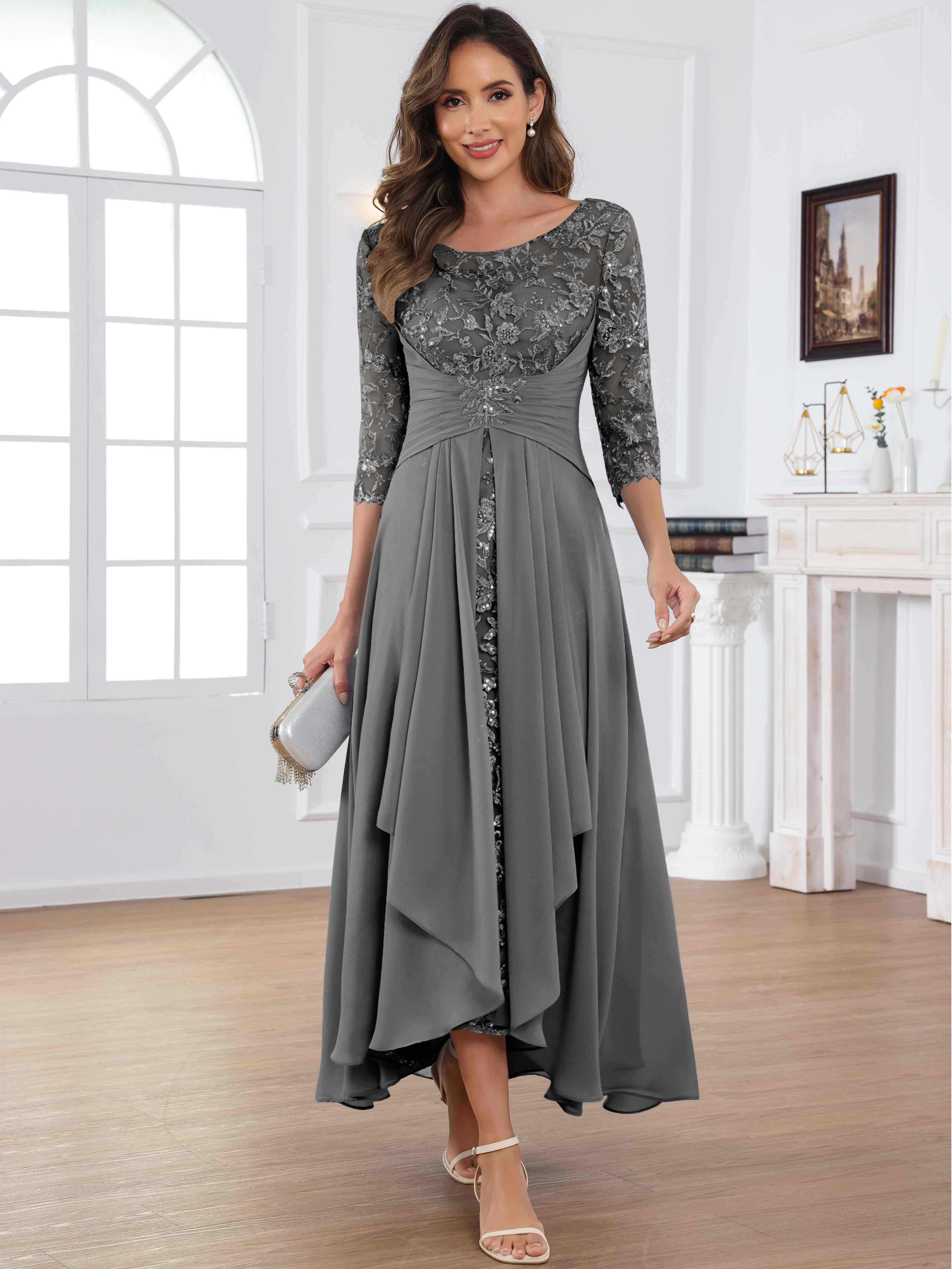 ROVDESY Tea Length Lace Chiffon Mother of The Bride Dress with 3/4 Sleeves