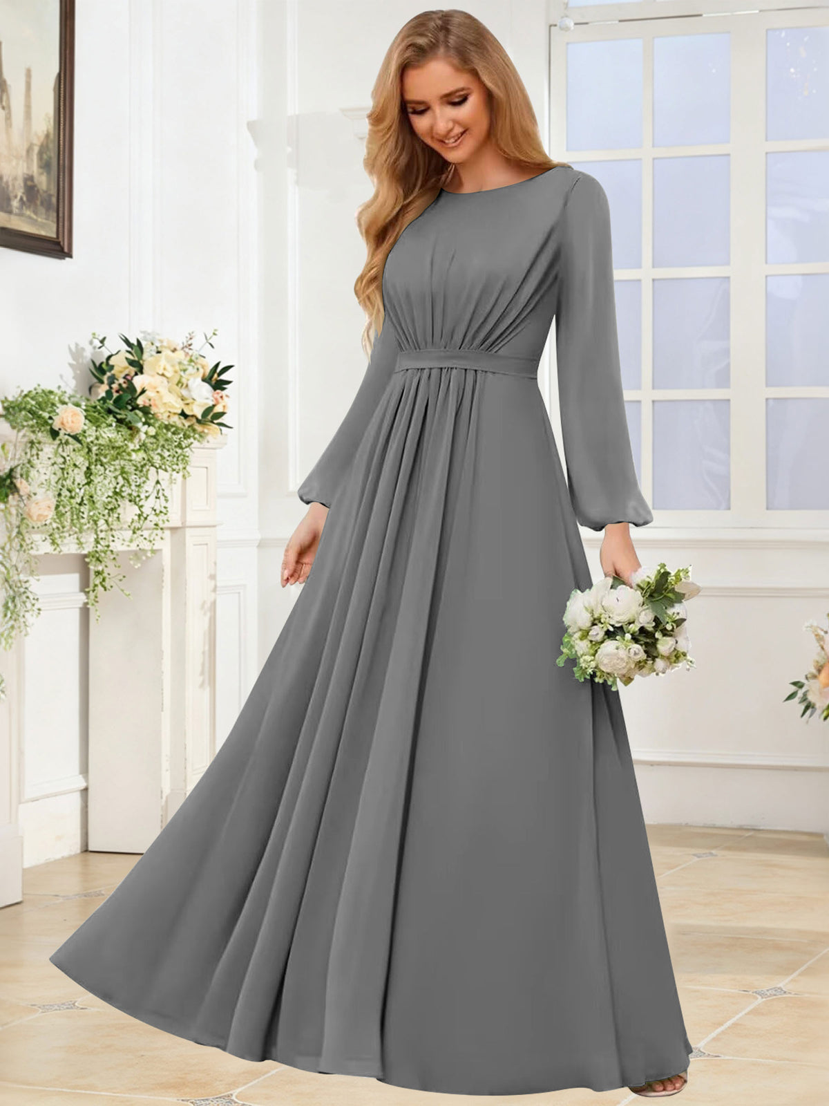 A-Line Chiffon Long Sleeve Bridesmaid Dress