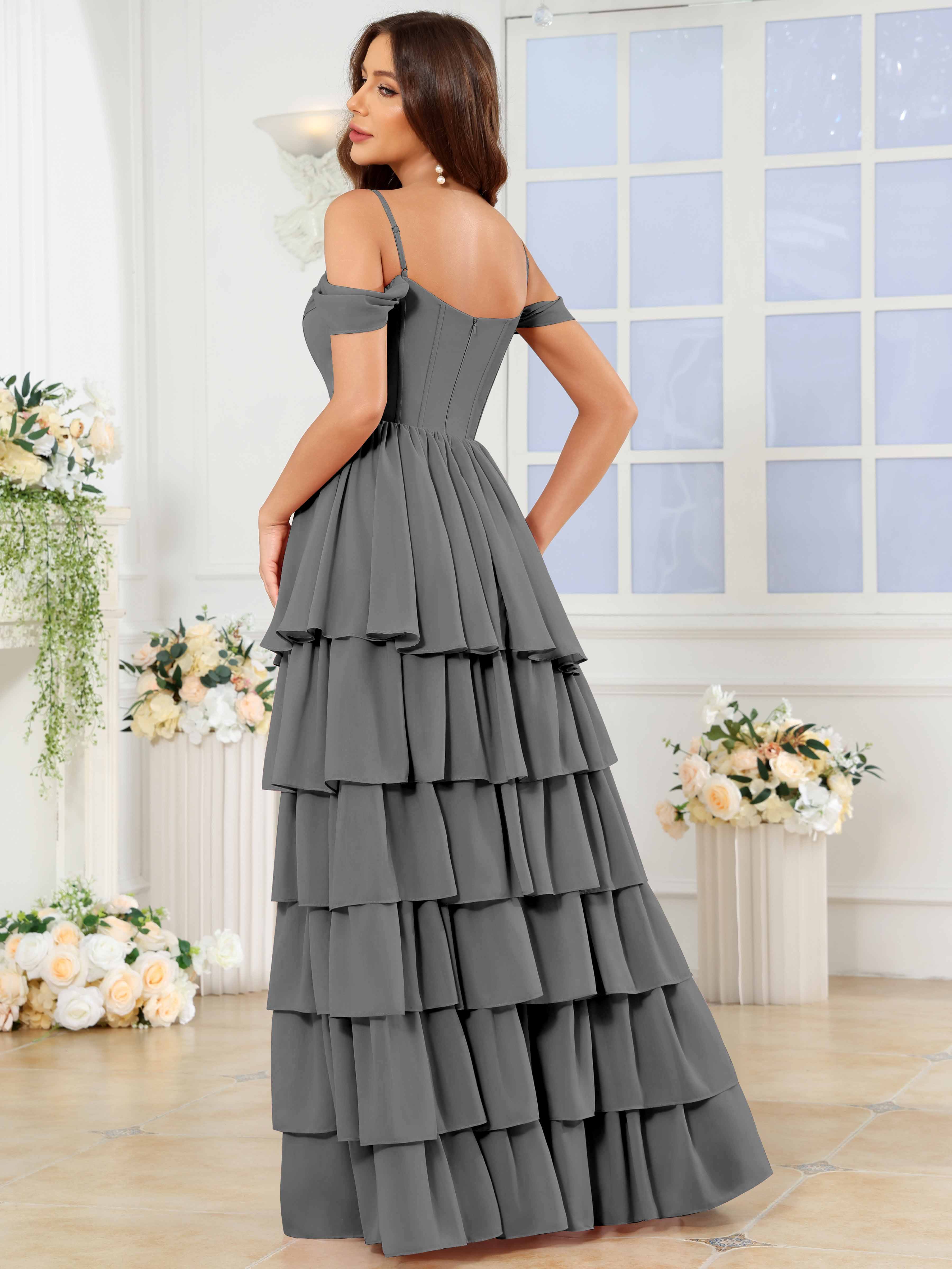 ROVDESY A-Line Off The Shoulder Tiered Chiffon Bridesmaid/Prom Dress With Slit