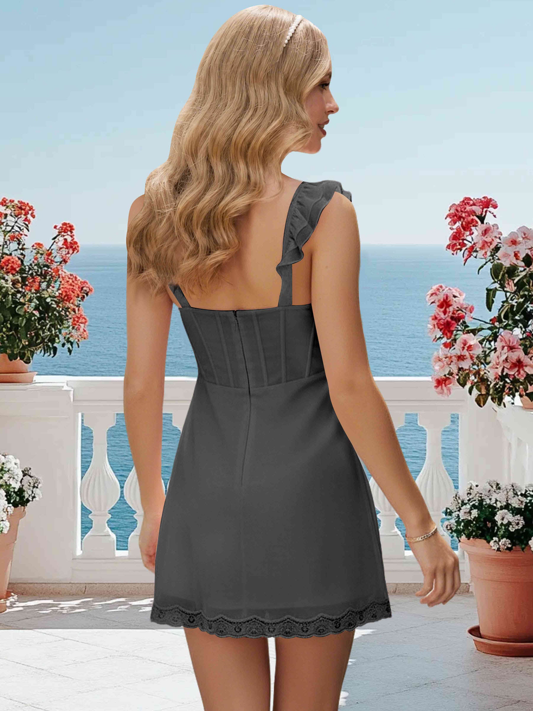 ROVDESY A-Line Ruffle Strap Lace Chiffon Homecoming Mini Dress With Side Bow Slit