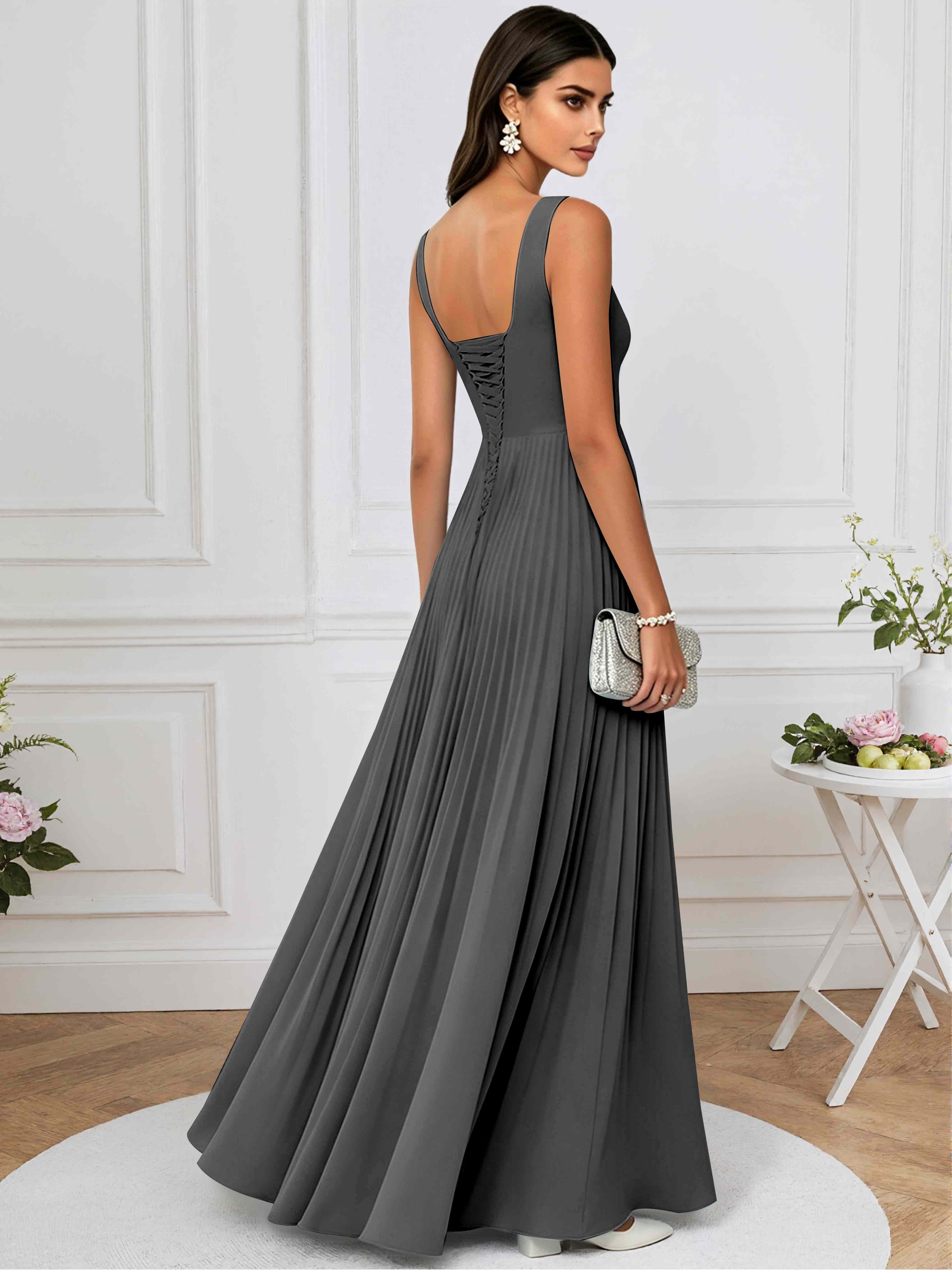 ROVDESY A-Line Square Neck Pleated Chiffon Long Bridesmaid/Prom Dress