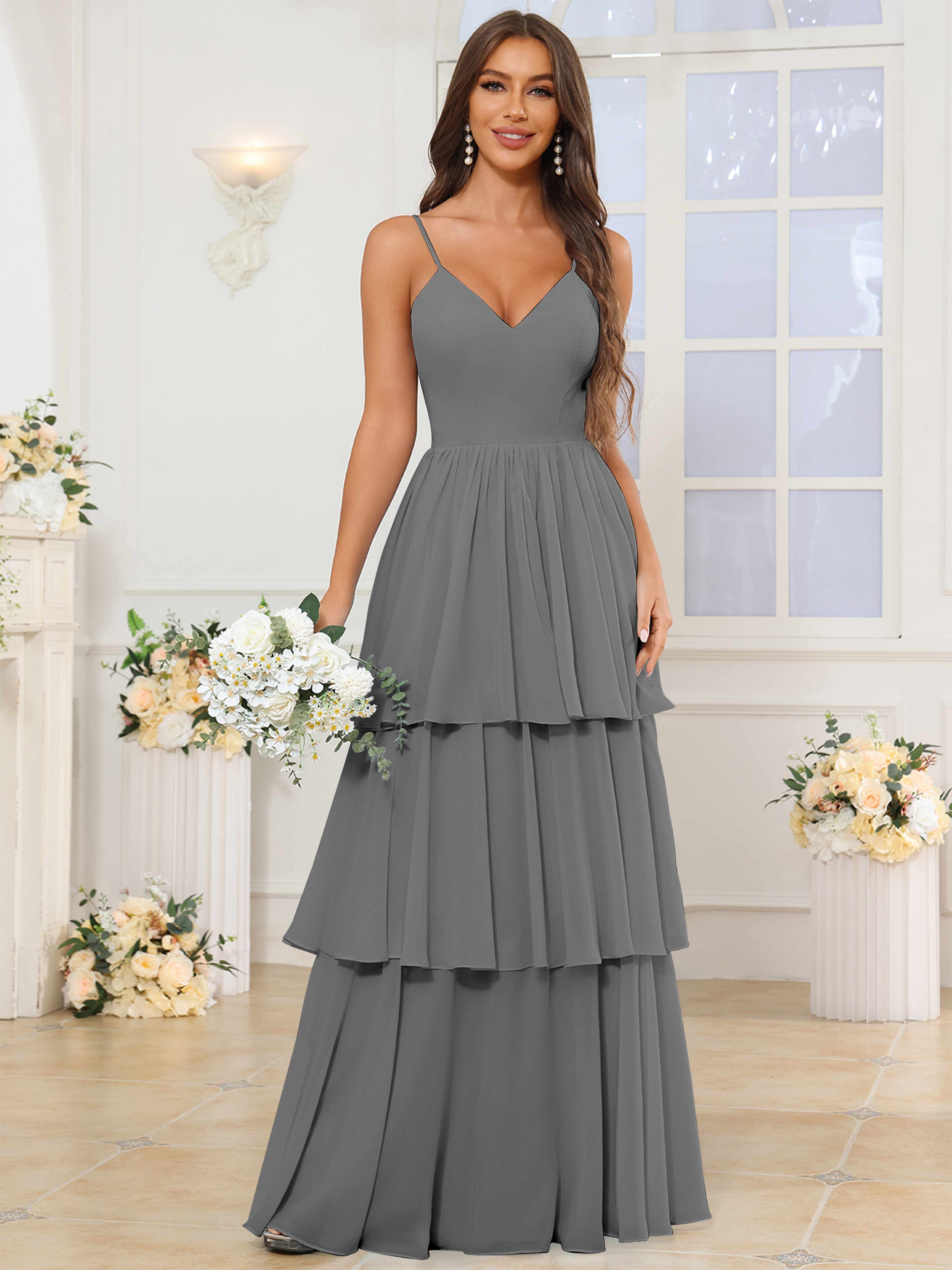ROVDESY V-Neck Spaghetti Straps Tiered Chiffon Bridesmaid Dress With Ruffles