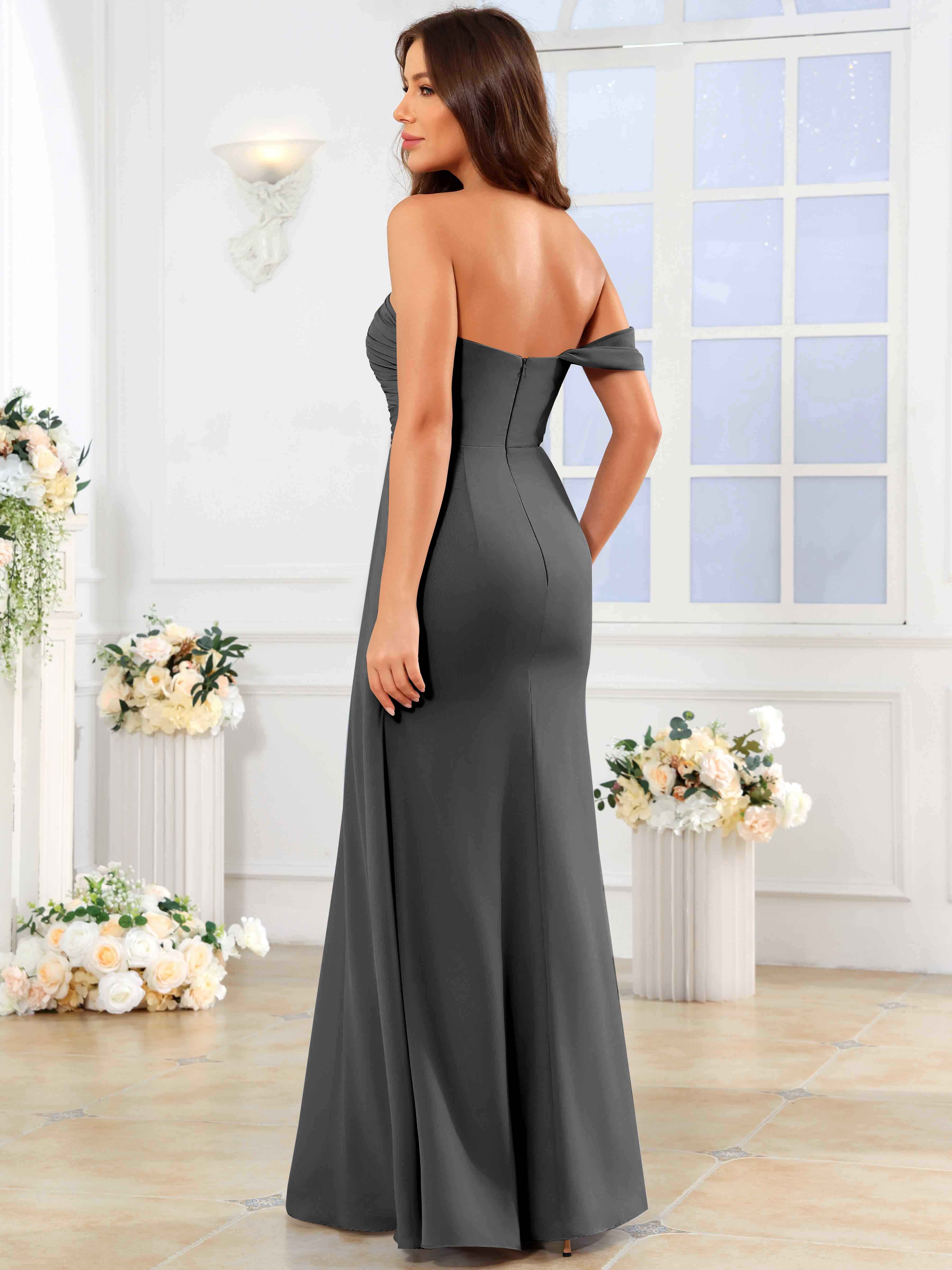 ROVDESY One Shoulder Off The Shoulder Pleated Chiffon Bridesmaid Dress