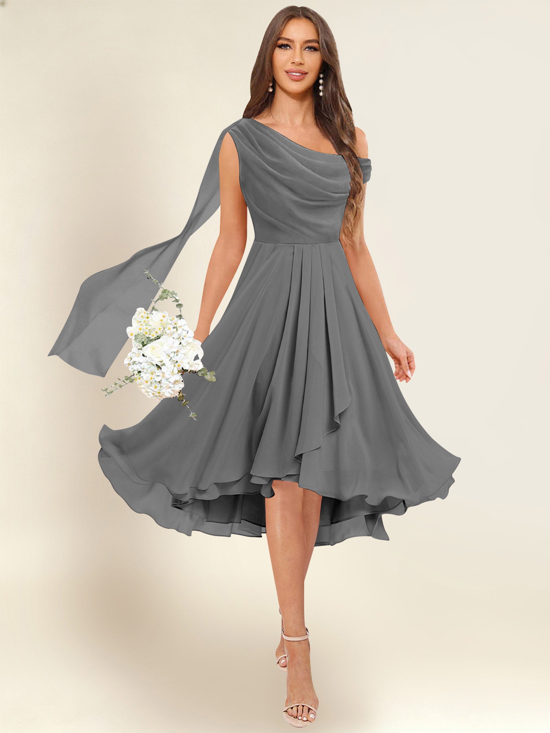 ROVDESY A-Line One Shoulder Pleated Chiffon Bridesmaid Dress With Flowing Sash