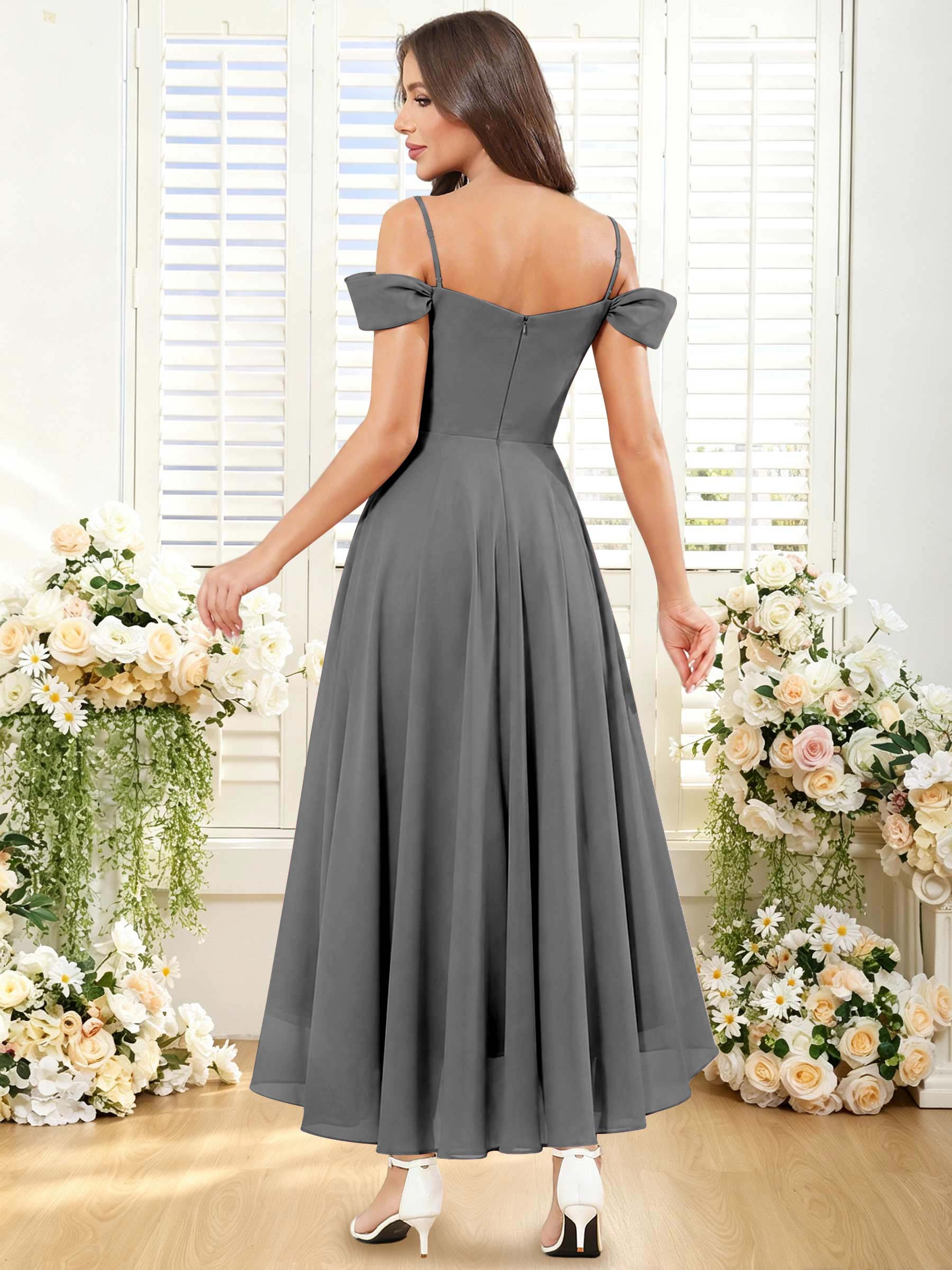 ROVDESY ROVDESY Short Cold Shoulder Sweetheart High Low Pleated Chiffon Bridesmaid Dress