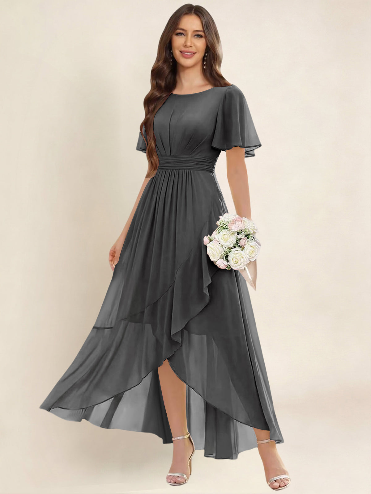 ROVDESY A-Line High Low Round Neck Pleated Ruffle Chiffon Bridesmaid Dress With Short Sleeves