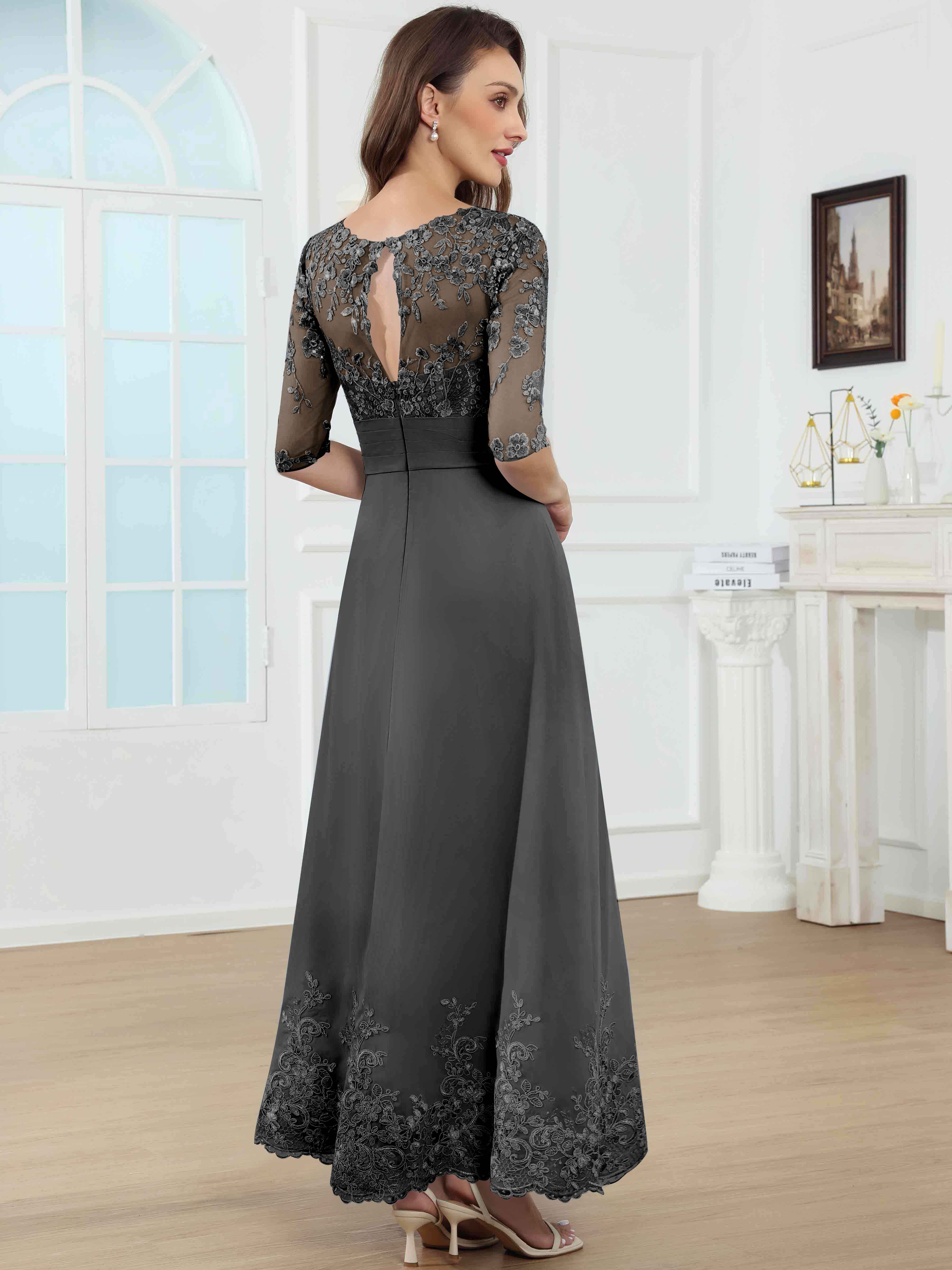ROVDESY A-Line Lace Sequin Pleated Chiffon Mother Of The Bride Dress With Half Sleeves
