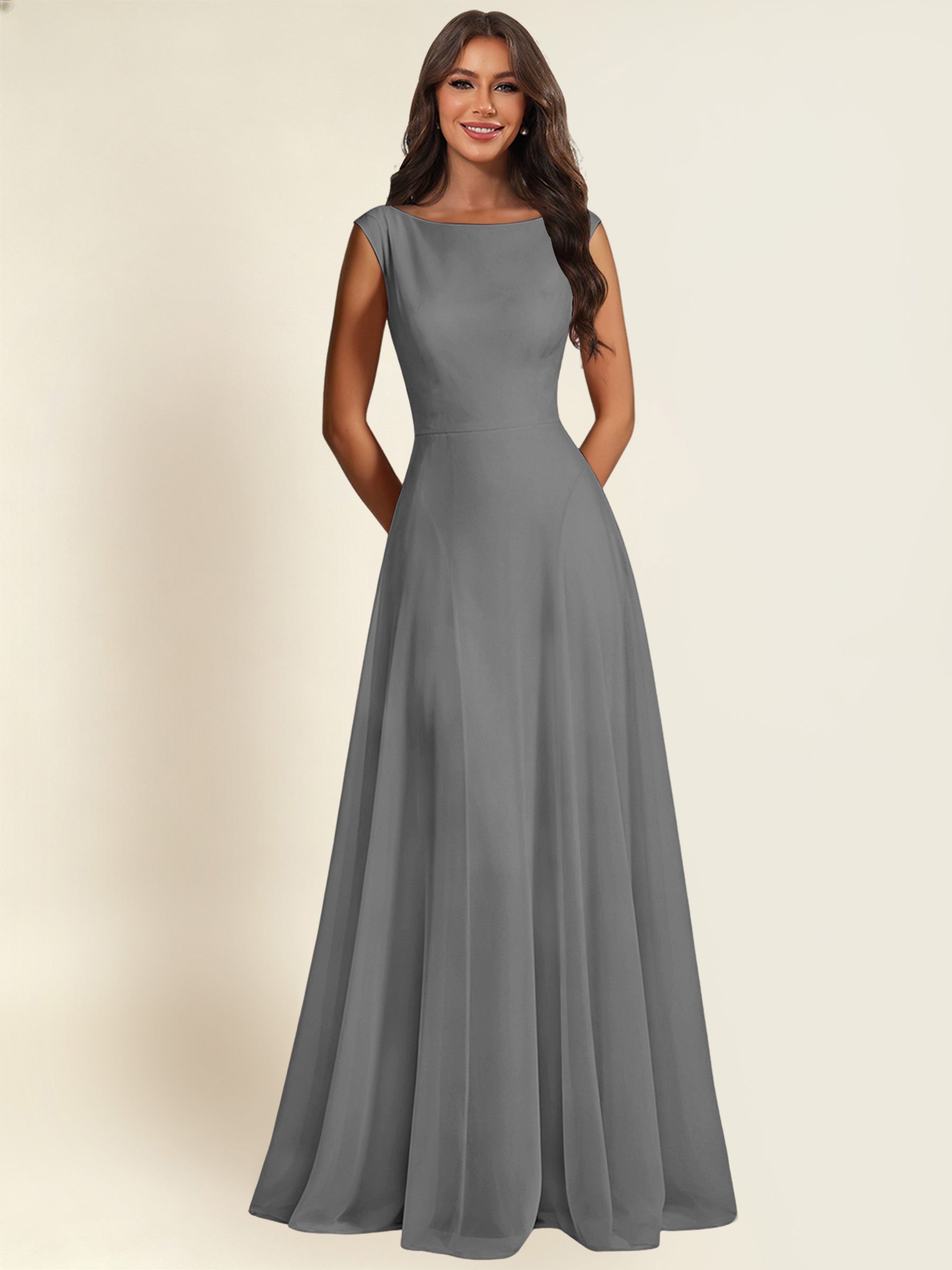 ROVDESY A-Line Chiffon Long Bridesmaid Dress With Sleeveless