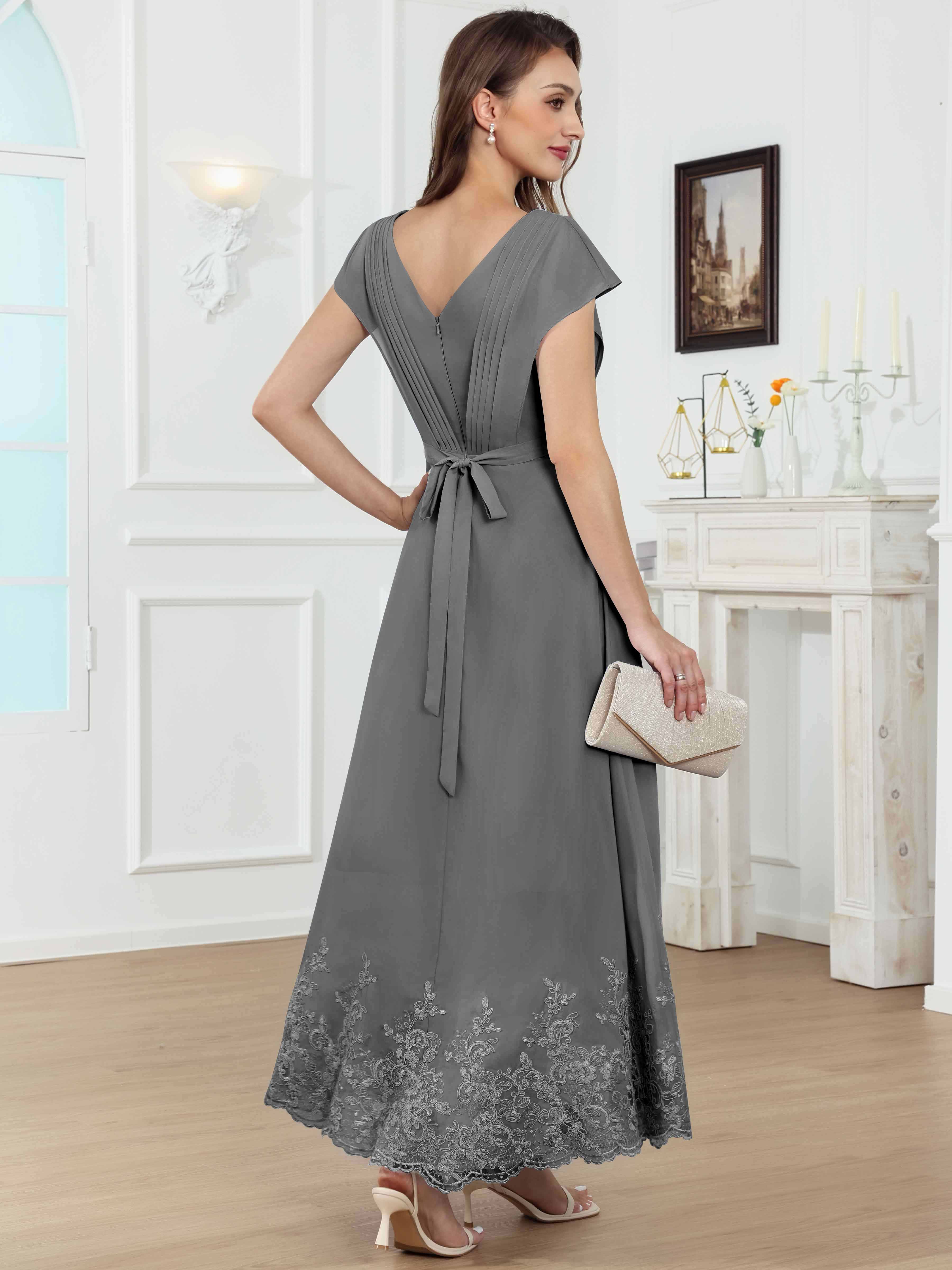ROVDESY Tea Length High-Low V-Neck Ruched Lace Chiffon Mother of The Bride Dress for Women