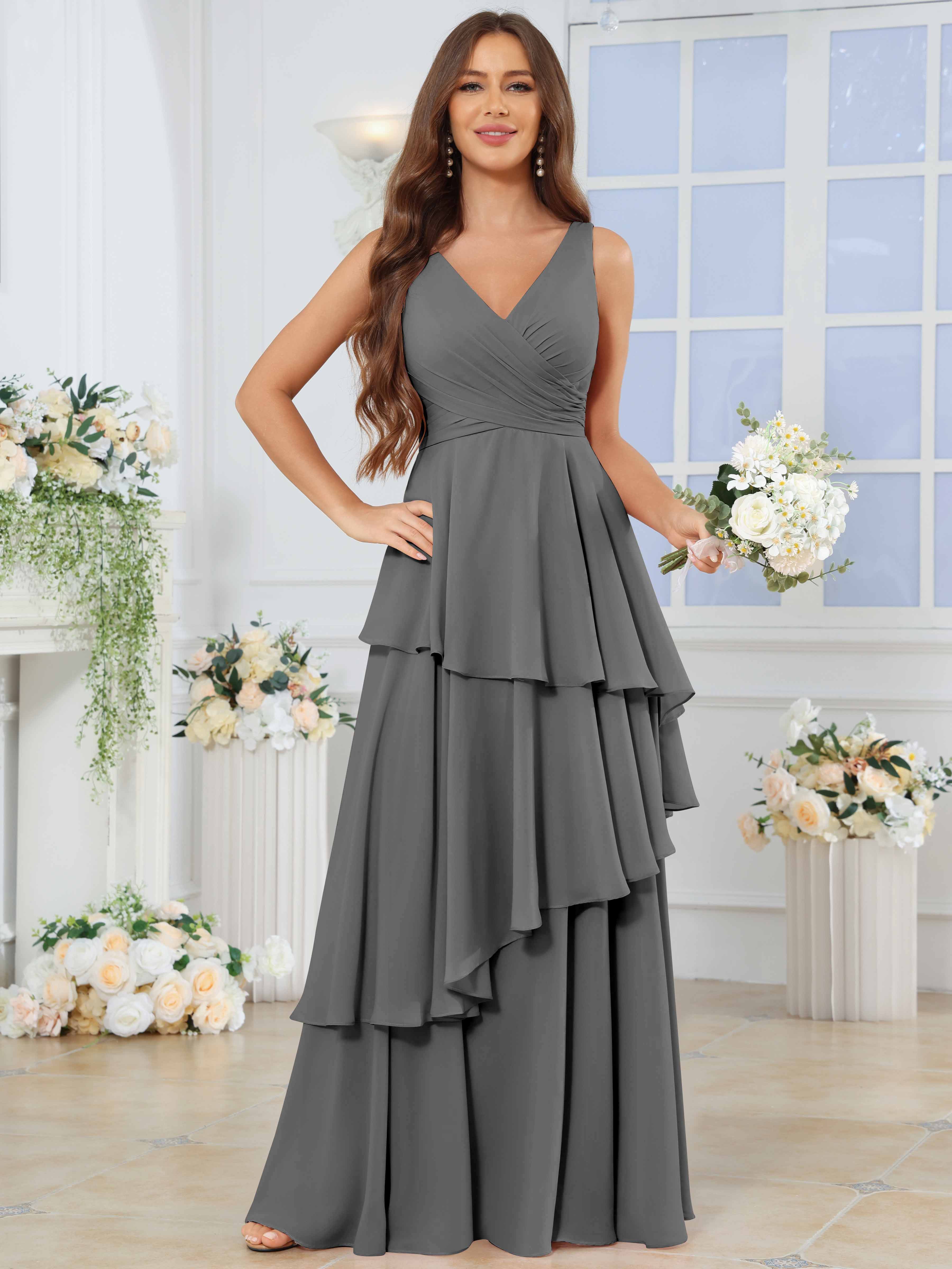 ROVDESY Long Sleeveless V-Neck Tiered Pleated Chiffon Bridesmaid Dress