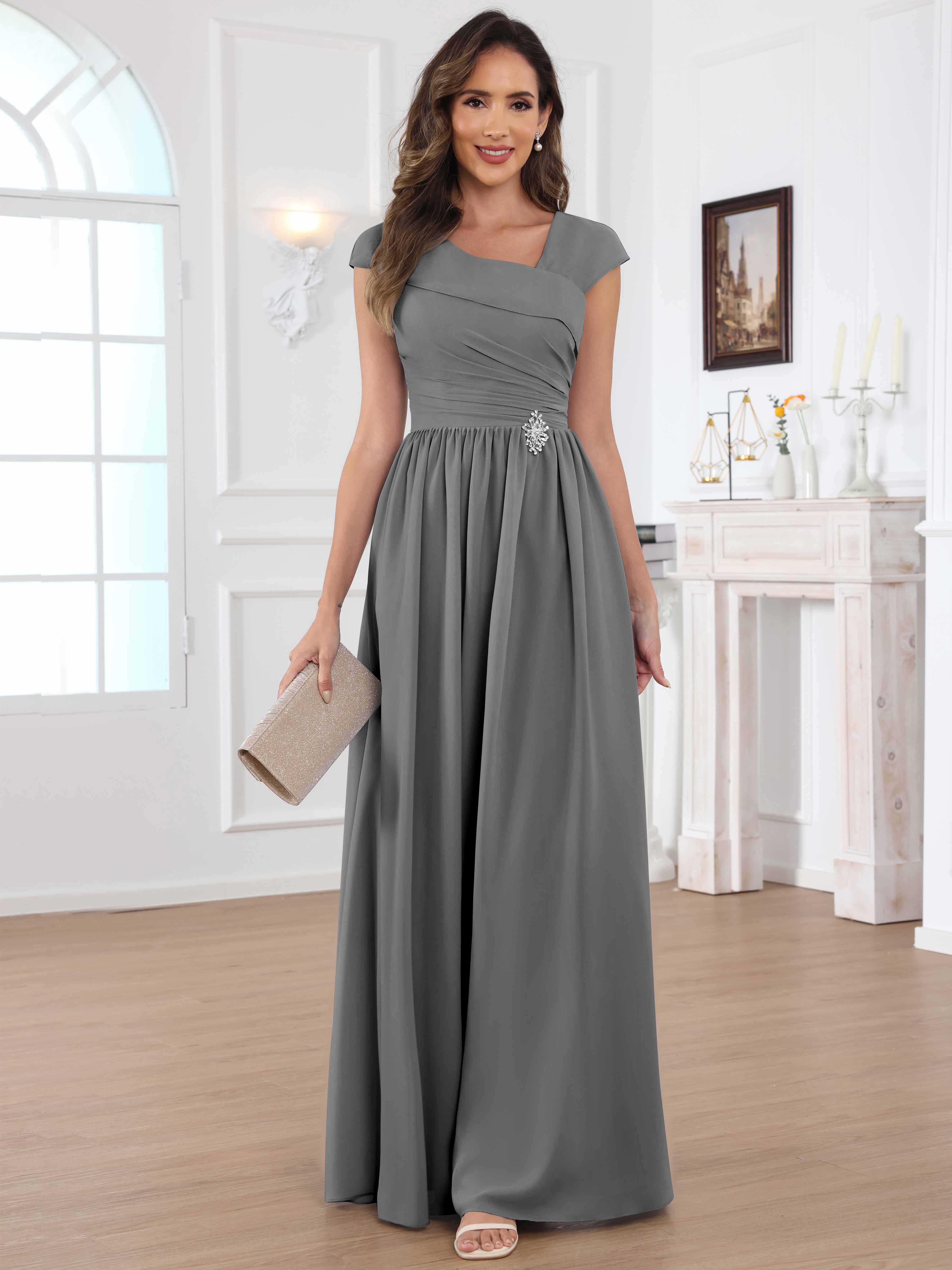 ROVDESY A-Line Cap Sleeves Pleated Chiffon Mother Of The Bride Dress